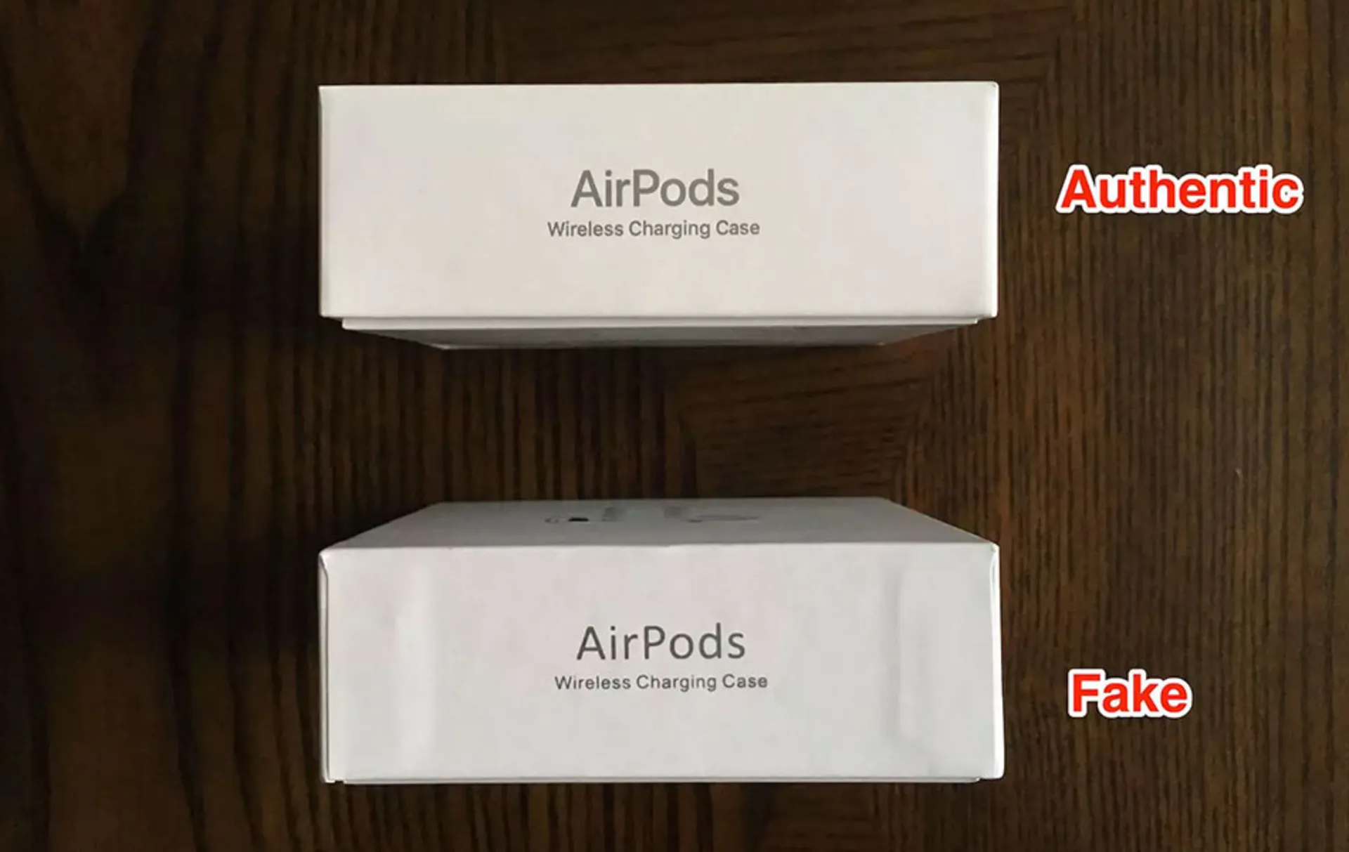 مقایسه نام AirPods در جعبه‌ی ایرپاد اصل و فیک