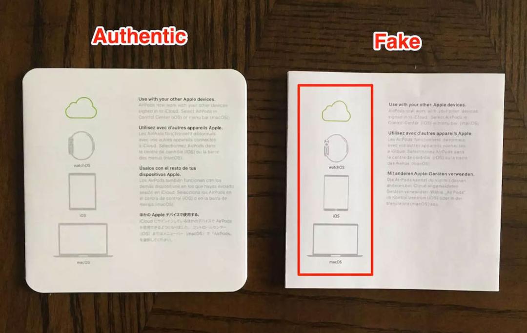 مقایسه‌ی آیکون‌های کتابچه راهنمای ایرپادهای اصل و فیک