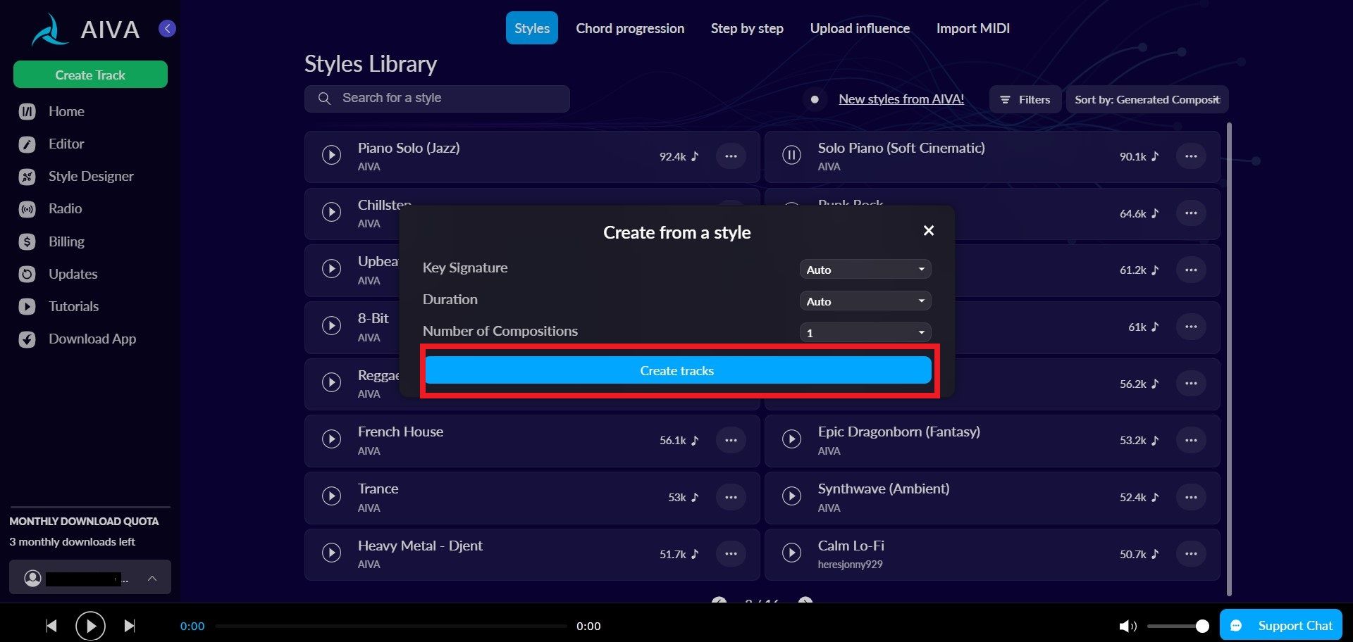 گزینه‌ی create track در AIVA