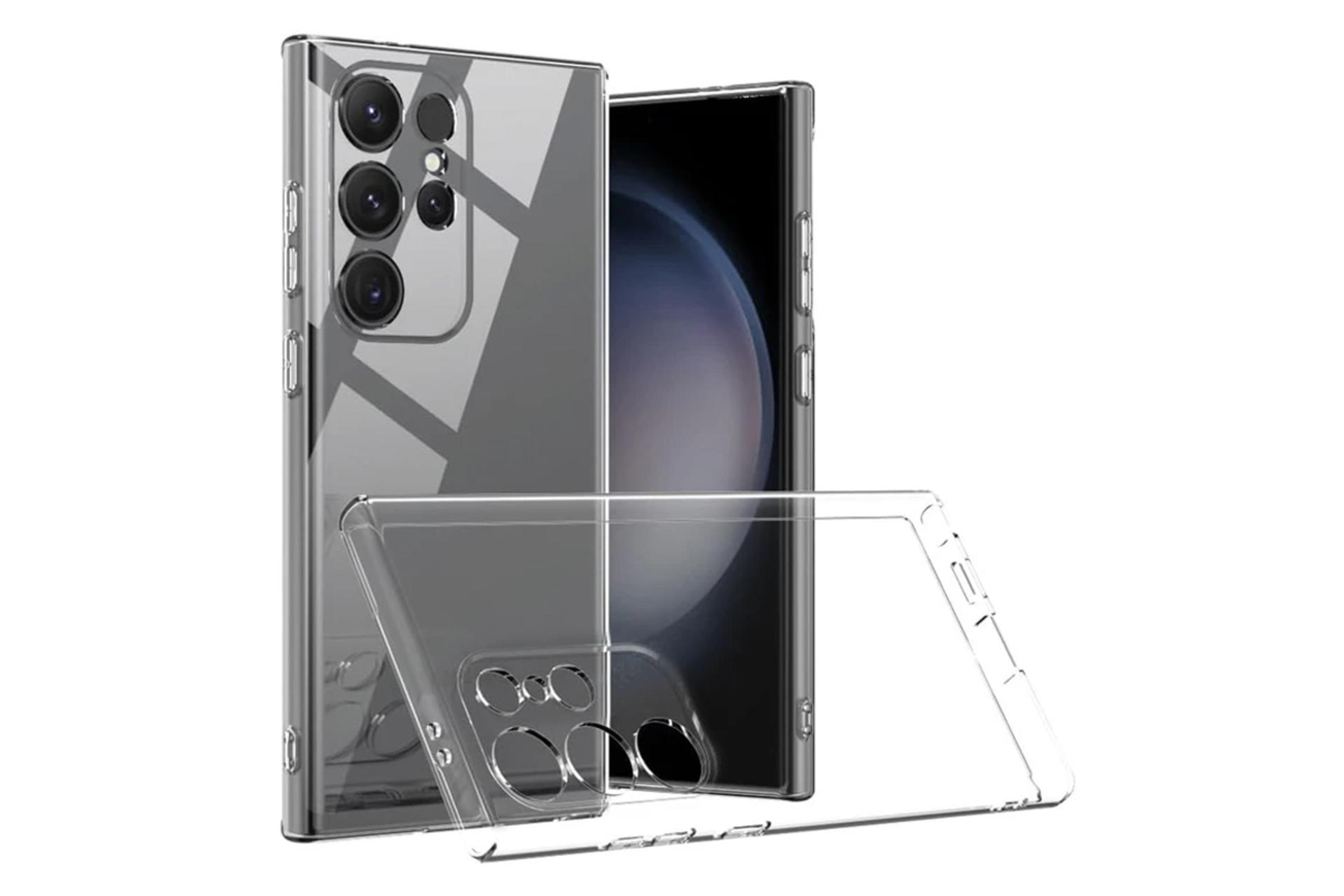 نمای پشت قاب گوشی آکوآرا مدل Clear GLS مناسب سامسونگ Galaxy S23 Ultra همراه با محافظ صفحه نمایش