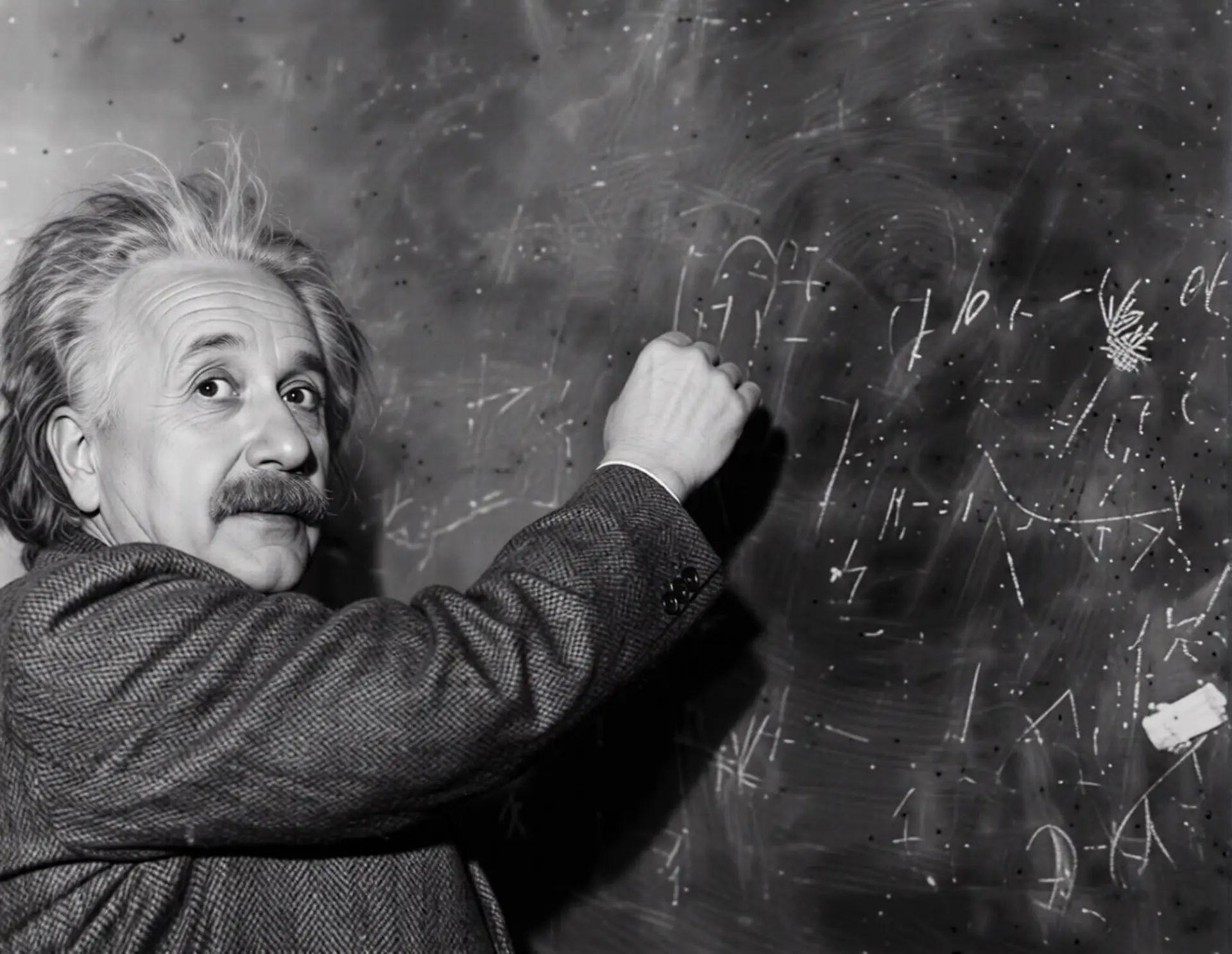 آلبرت اینشتین (Albert Einstein) در حال نوشتن فرمول‌های علمی روی تخته سیاه