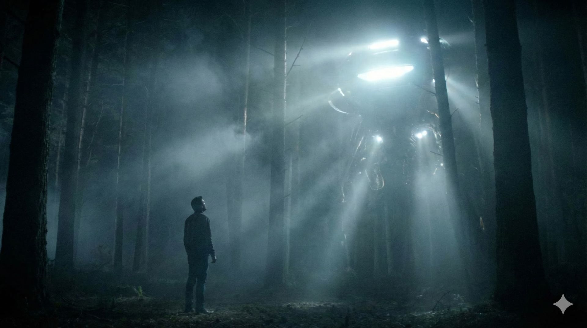 تصویر هوش مصنوعی از مردی در جنگل درحال نگاه‌کردن به موجود فرازمینی 