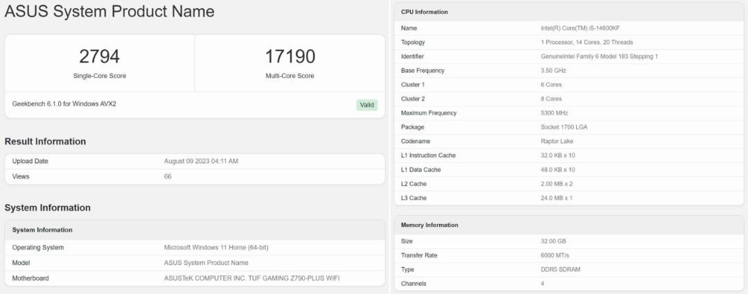 پردازنده Intel 14600KF در گیک بنچ ۶