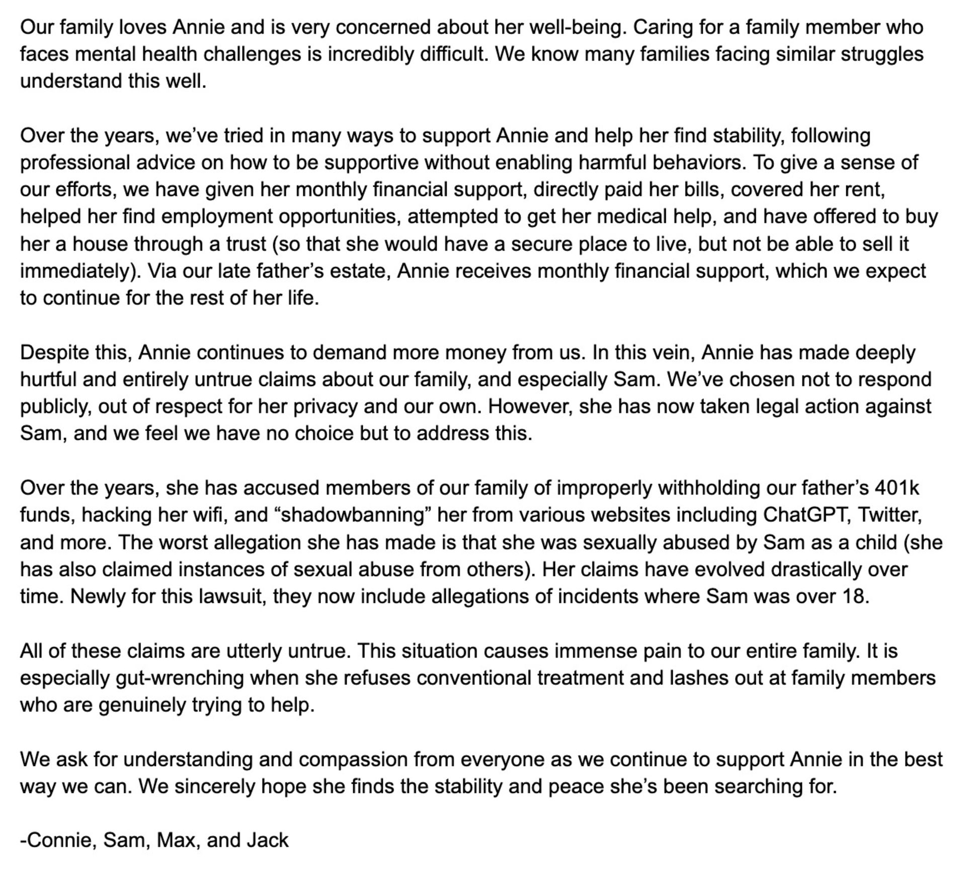 متن بیانیه‌ی سم آلتمن