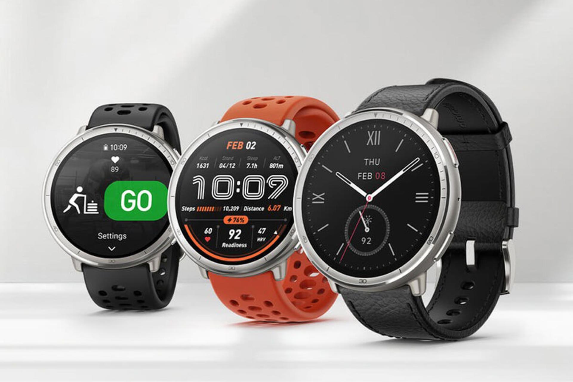 نمایی از ساعت امیزفیت اکتیو ۲ (Amazfit Active 2) با بندهای مختلف