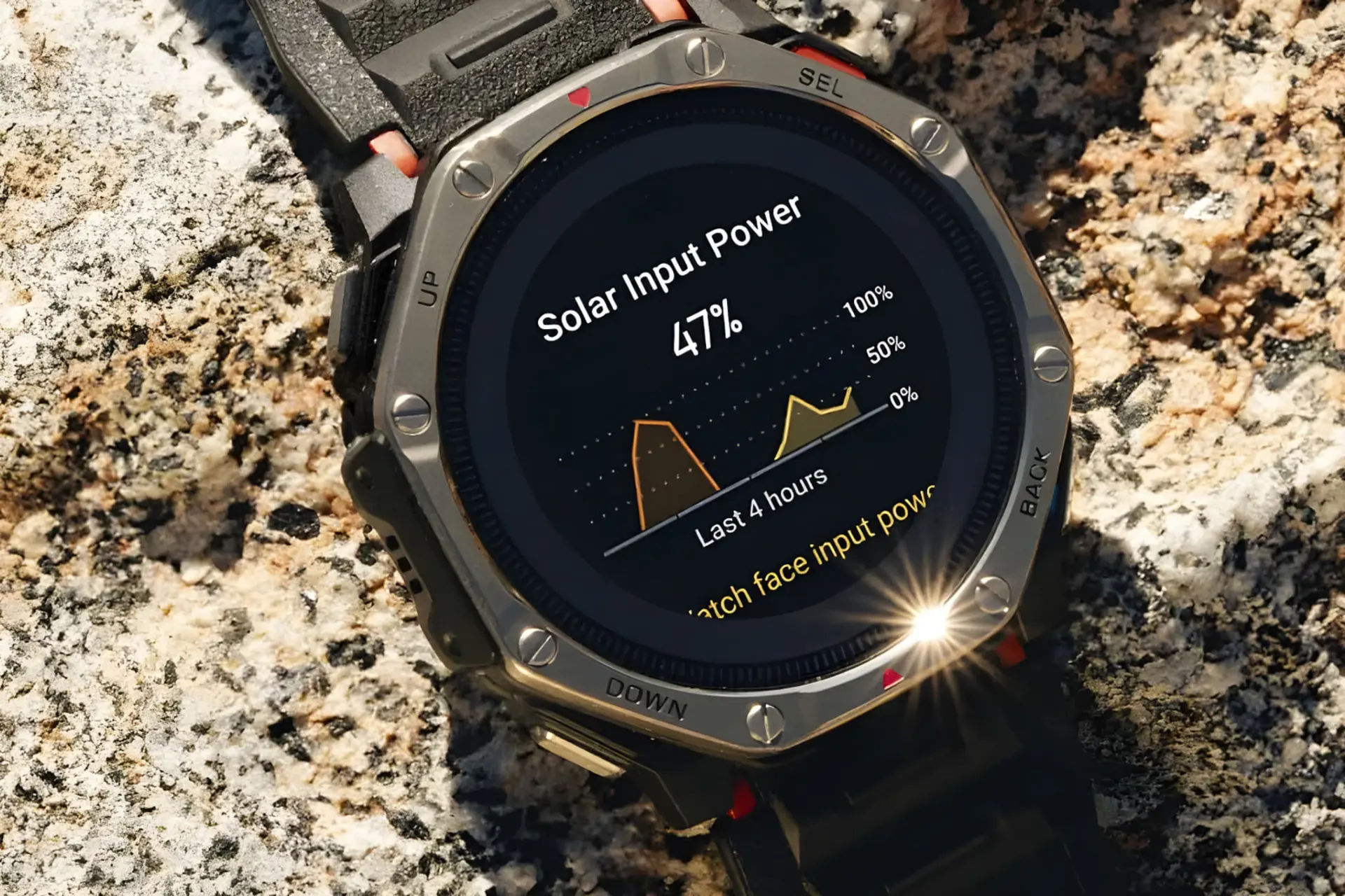نمایش میزان شارژ پنل خورشیدی در ساعت هوشمند Amazfit T-Rex Dual Solar