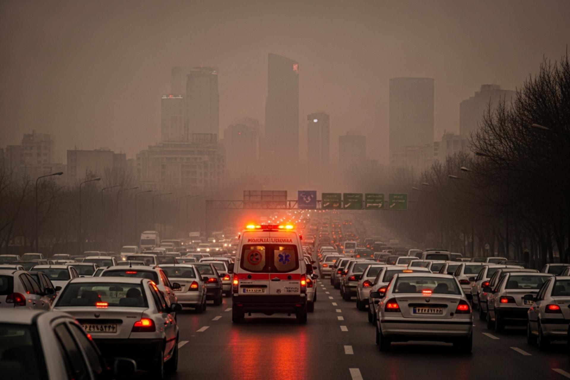 آمبولانس اورژانس در ترافیک و آلودگی هوای تهران