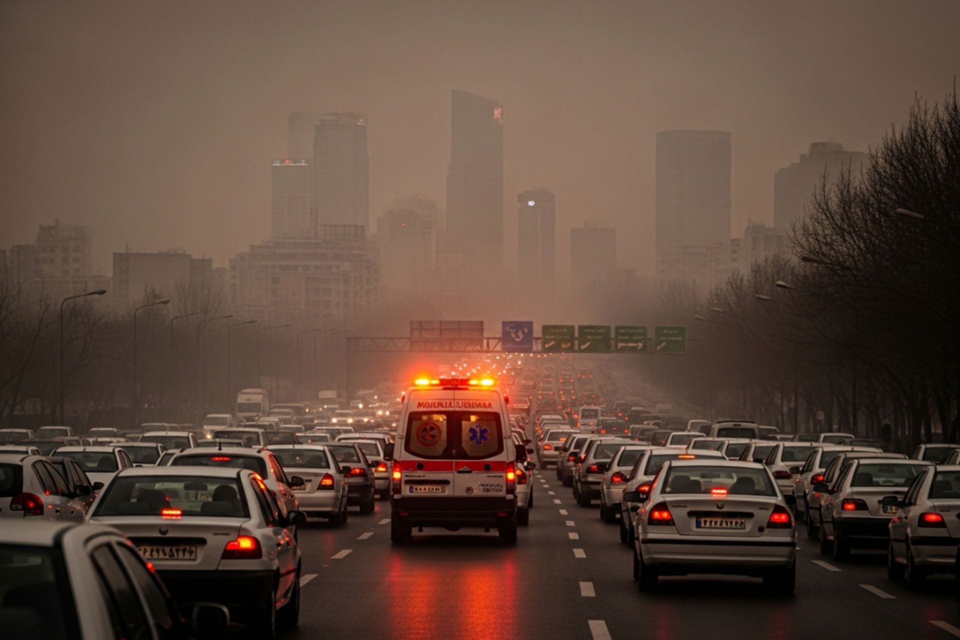 آمبولانس اورژانس در ترافیک و آلودگی هوای تهران