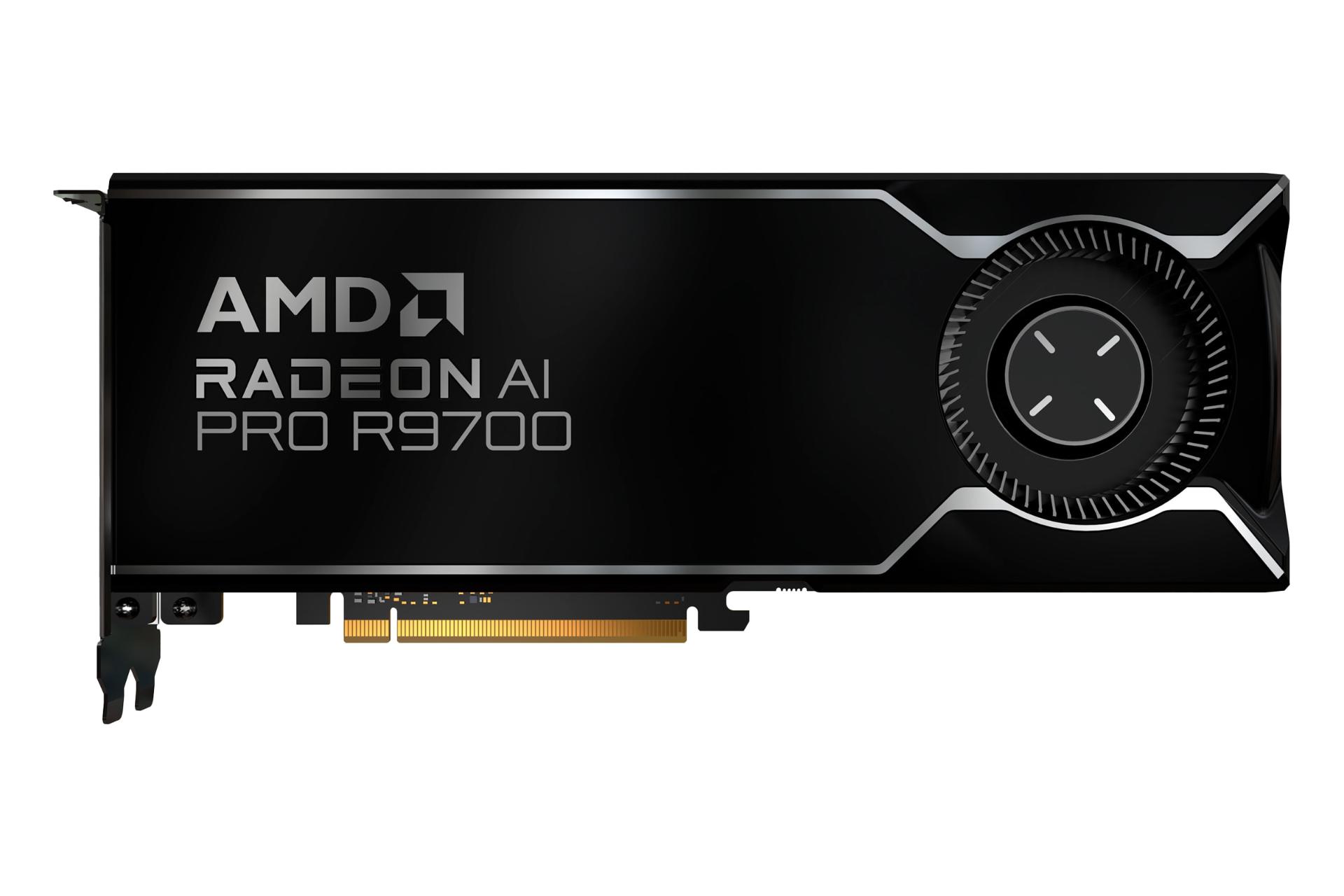نمای زیر کارت گرافیک AMD رادئون AI پرو R9700 با نمایش لوگو، فن و کانکتور PCIe
