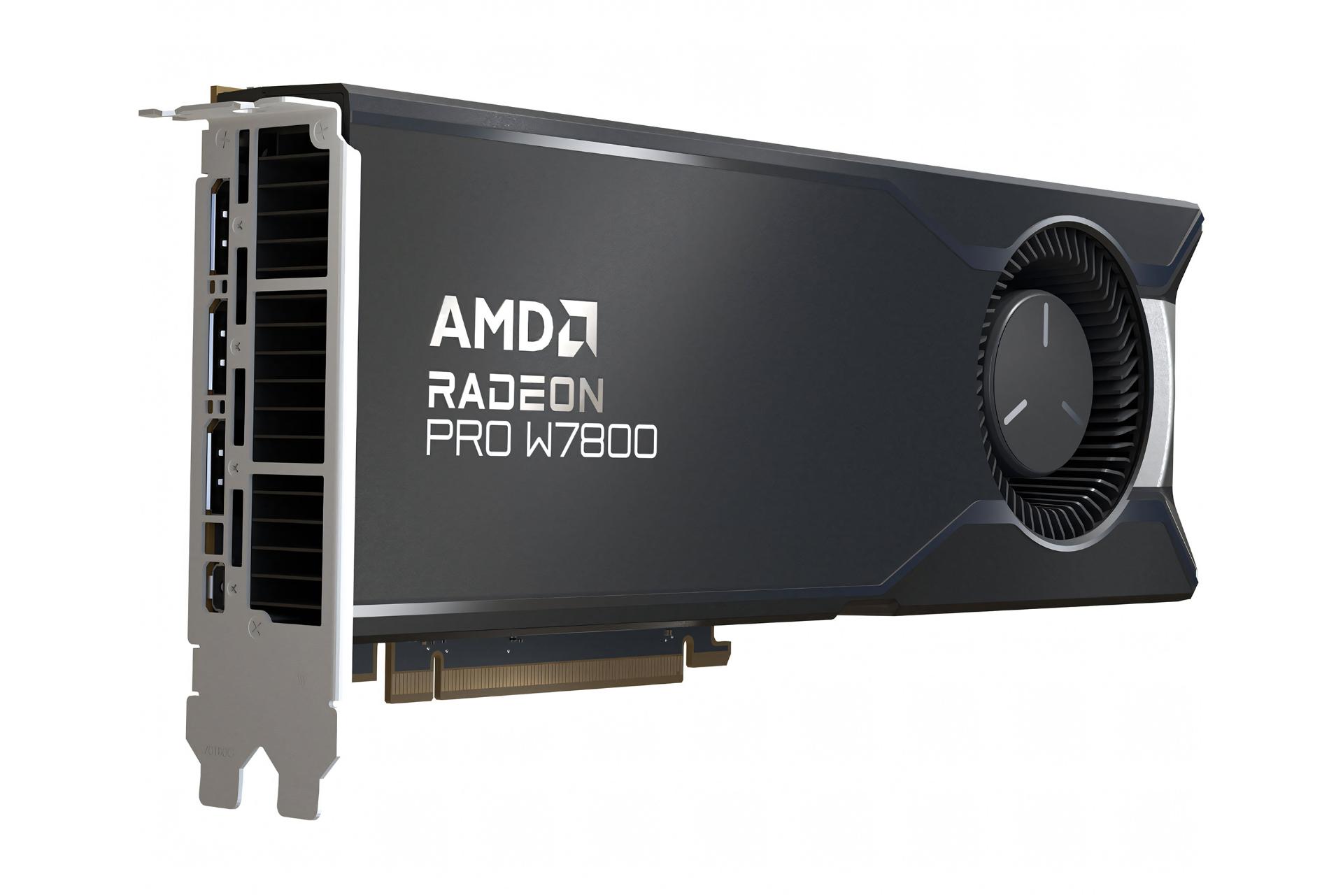 نمای نیمرخ کارت گرافیک AMD رادئون پرو W7800 با نمایش پنل پشت و لوگو