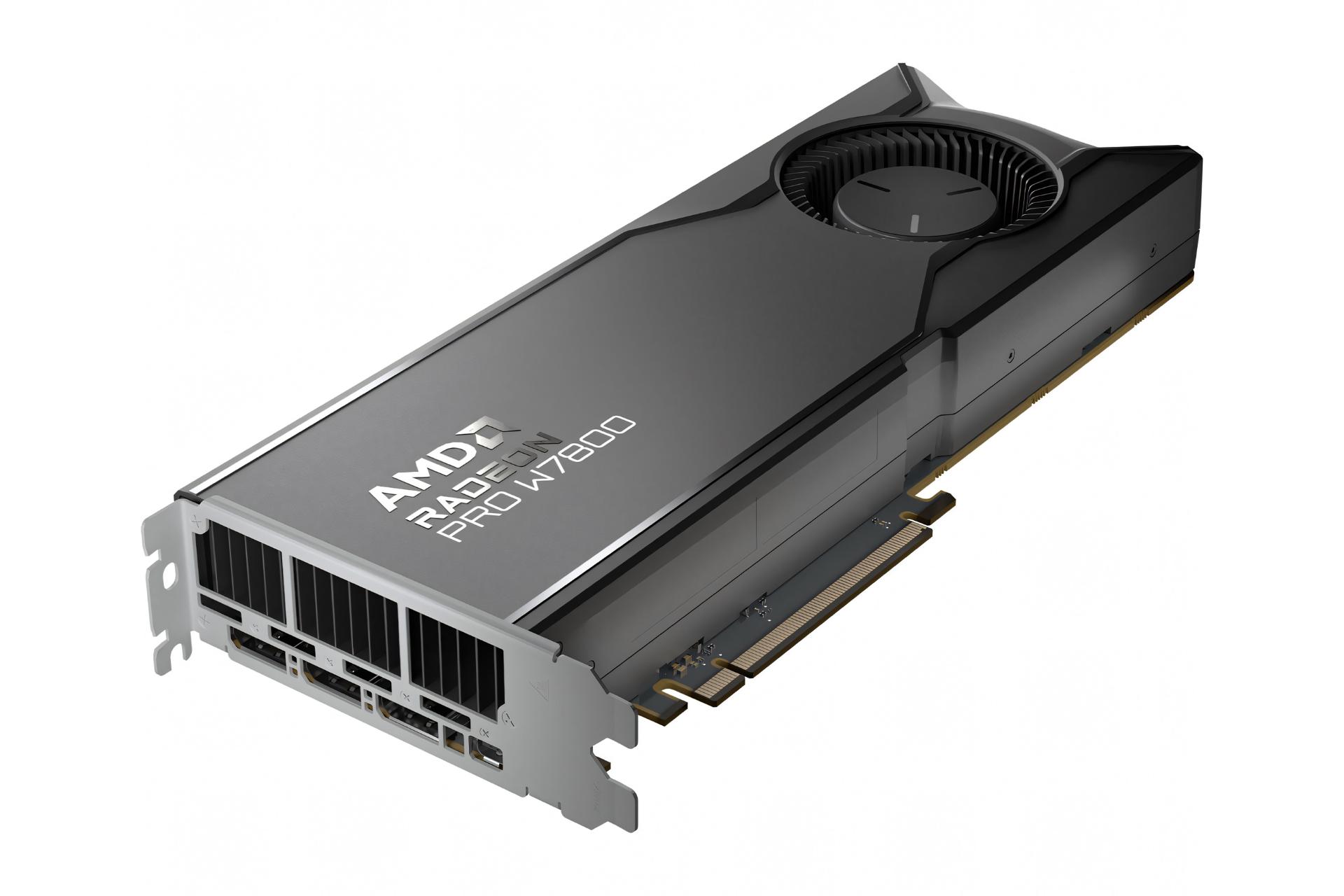 نمای کلی کارت گرافیک AMD رادئون پرو W7800 با نمایش براکت پنل پشت و کانکتور PCIe