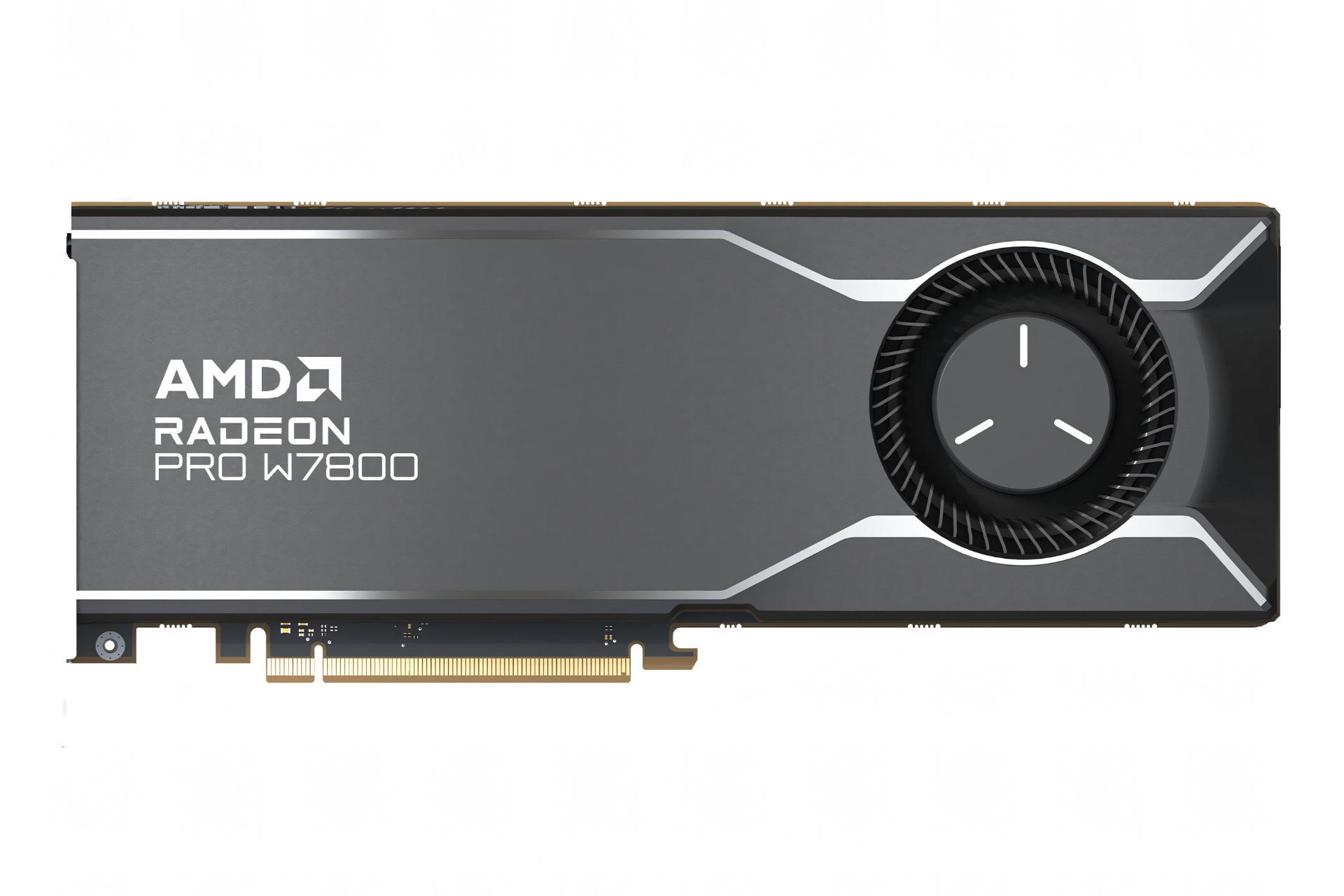 نمای رو به روی کارت گرافیک AMD رادئون پرو W7800 با نمایش لوگو و فن کارت