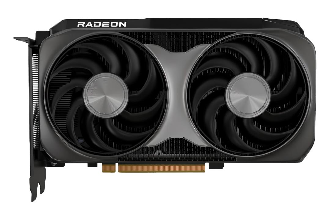 نمای زیر کارت گرافیک AMD رادئون RX 9060 XT با نمایش فن‌ها، لوگو و کانکتور PCIe