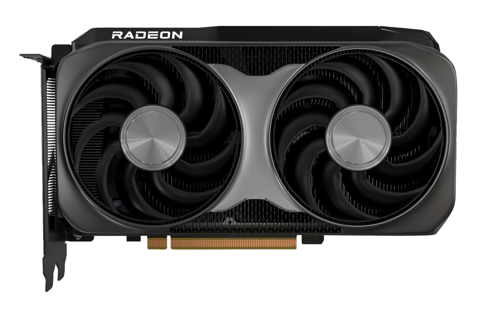 نمای زیر کارت گرافیک AMD رادئون RX 9060 XT با نمایش فن‌ها، لوگو و کانکتور PCIe