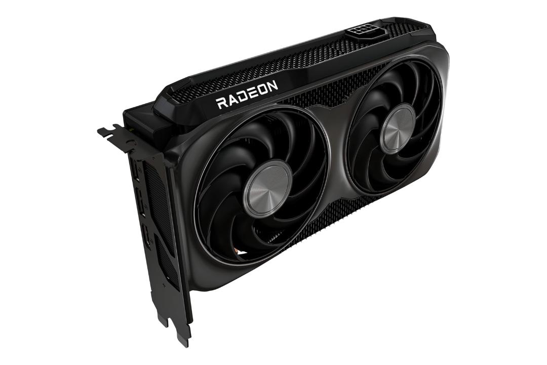 نمای نیمرخ کارت گرافیک AMD رادئون RX 9060 XT با نمایش لبه کناری، درگاه برق، لوگو و درگاه‌های خروجی