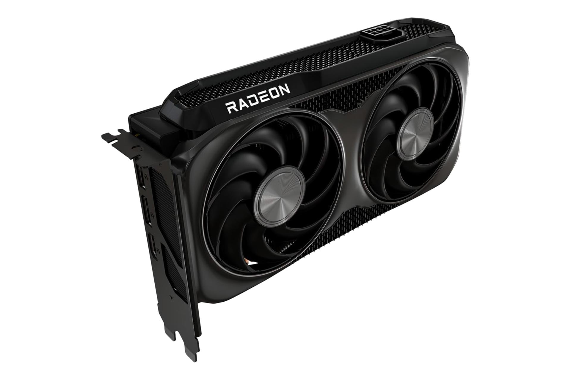 نمای نیمرخ کارت گرافیک AMD رادئون RX 9060 XT با نمایش لبه کناری، درگاه برق، لوگو و درگاه‌های خروجی