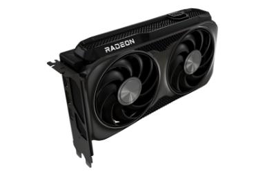 نمای نیمرخ کارت گرافیک AMD رادئون RX 9060 XT با نمایش لبه کناری، درگاه برق، لوگو و درگاه‌های خروجی