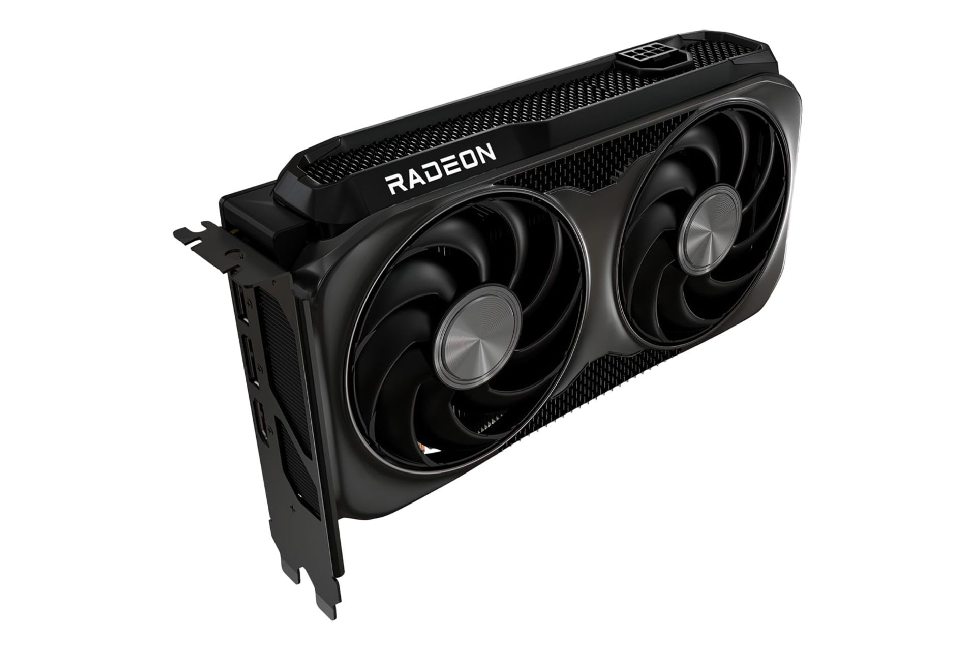 نمای نیمرخ کارت گرافیک AMD رادئون RX 9060 XT با نمایش لبه کناری، درگاه برق، لوگو و درگاه‌های خروجی