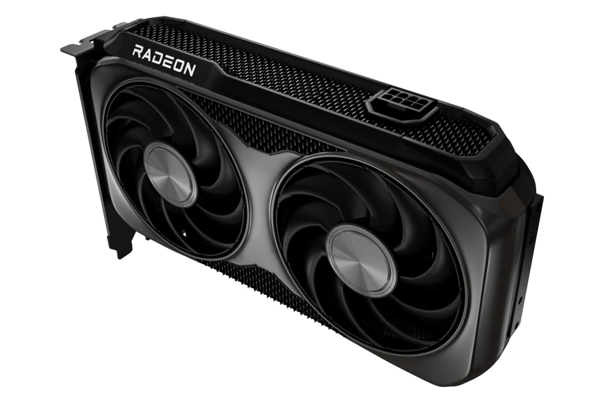 نمای نیمرخ کارت گرافیک AMD رادئون RX 9060 XT با نمایش فن‌ها، لبه کناری، درگاه برق و لوگو