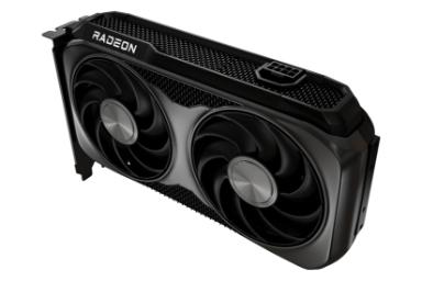 نمای نیمرخ کارت گرافیک AMD رادئون RX 9060 XT با نمایش فن‌ها، لبه کناری، درگاه برق و لوگو
