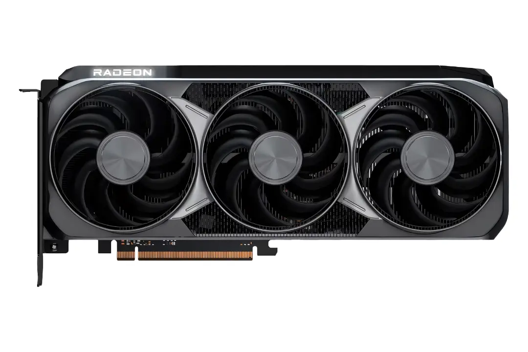 نمای زیرین کارت گرافیک AMD رادئون RX 9070 XT با نمایش فن‌ها، لوگو و کانکتور PCIe