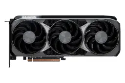 نمای زیرین کارت گرافیک AMD رادئون RX 9070 XT با نمایش فن‌ها، لوگو و کانکتور PCIe