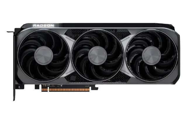 نمای زیرین کارت گرافیک AMD رادئون RX 9070 XT با نمایش فن‌ها، لوگو و کانکتور PCIe