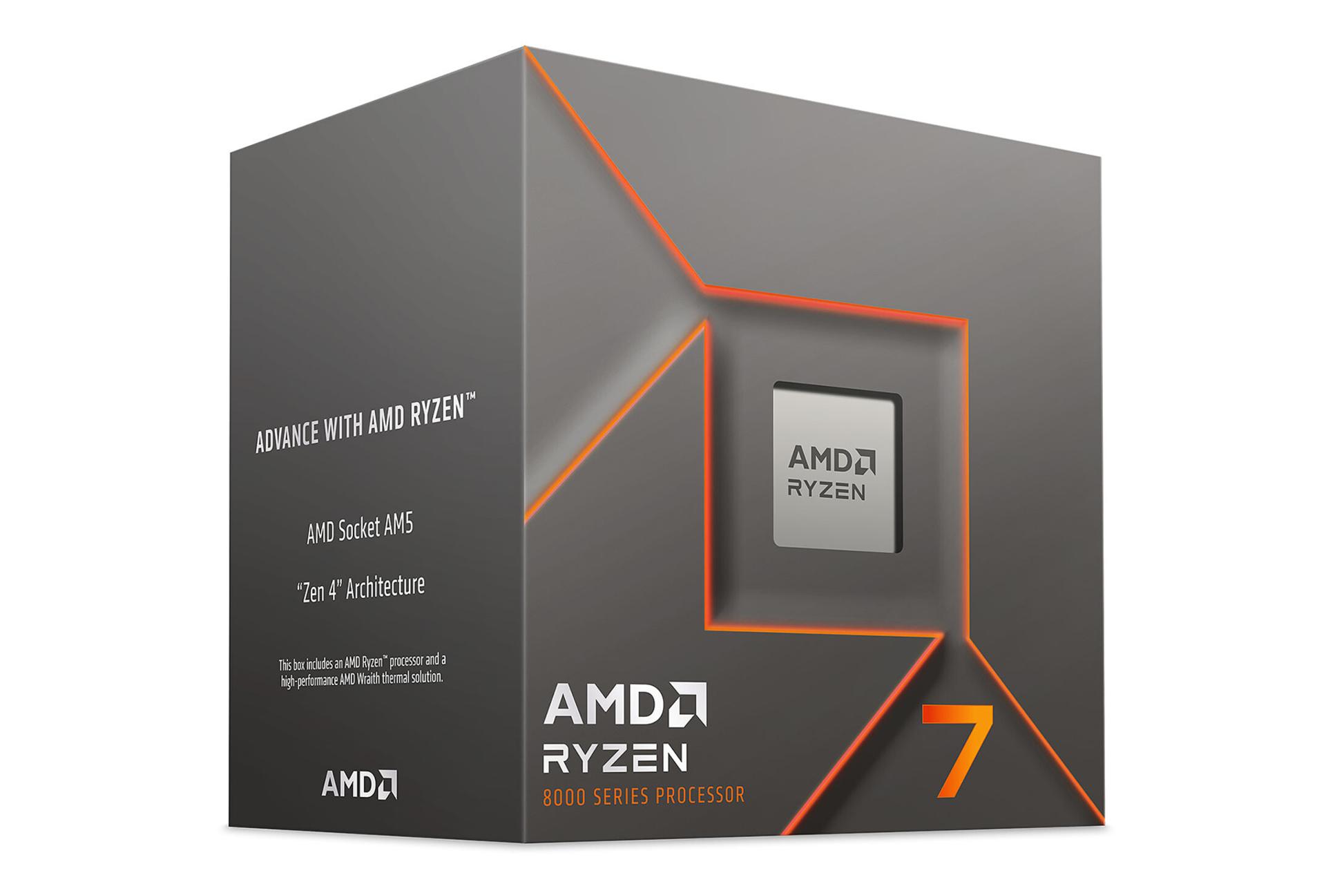 نمای نیمرخ جعبه‌ی پردازنده AMD رایزن 7 سری 8000 با نمایش پردازنده، لوگو و نمای سمت چپ جعبه