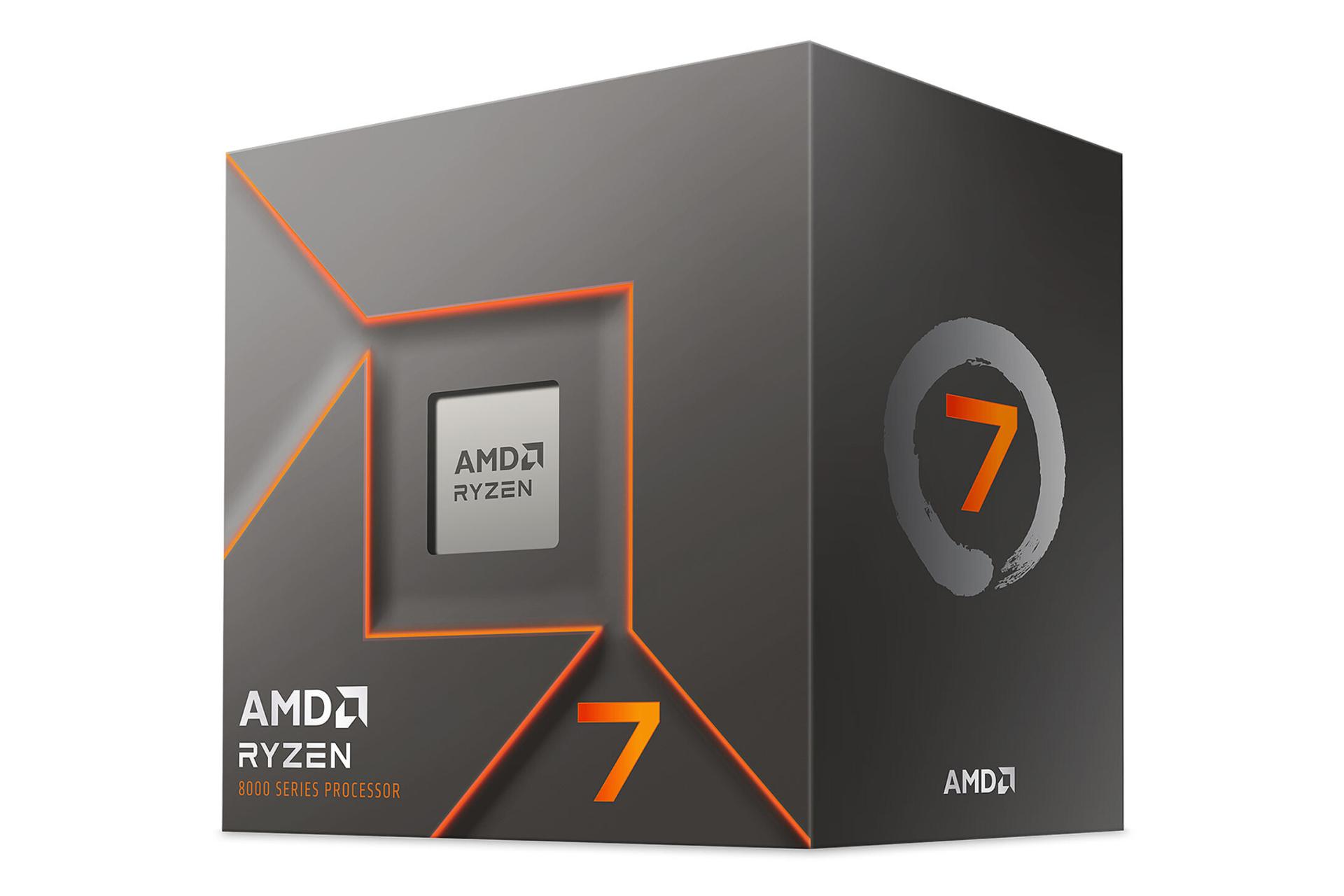 نمای نیمرخ جعبه‌ی پردازنده AMD رایزن 7 سری 8000 با نمایش پردازنده، لوگو و نمای سمت راست جعبه