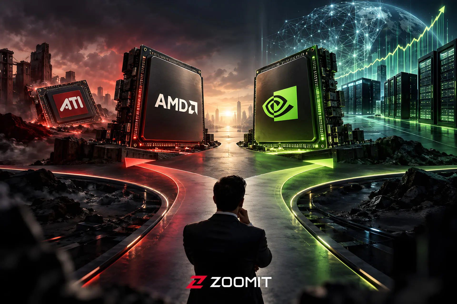 تراشه‌های پردازشی AMD و انویدیا (NVIDIA) در یک فضای دیجیتال و انتزاعی