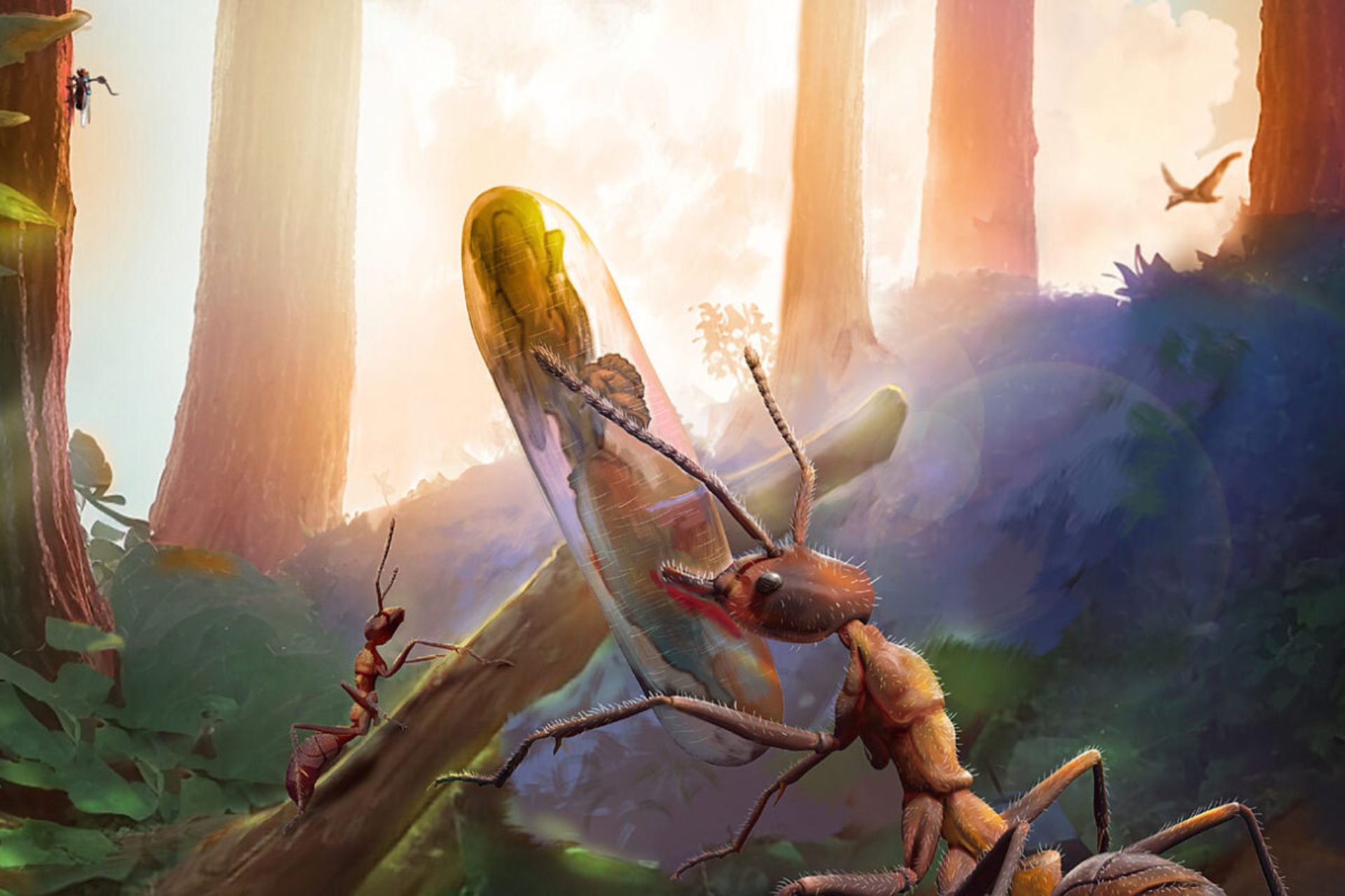 تصویرسازی فسیل مربوط به ۹۹ میلیون سال پیش، یک مورچه کارگر بالغ شفیره مورچه‌ای آلوده به قارچ را حمل می‌کند