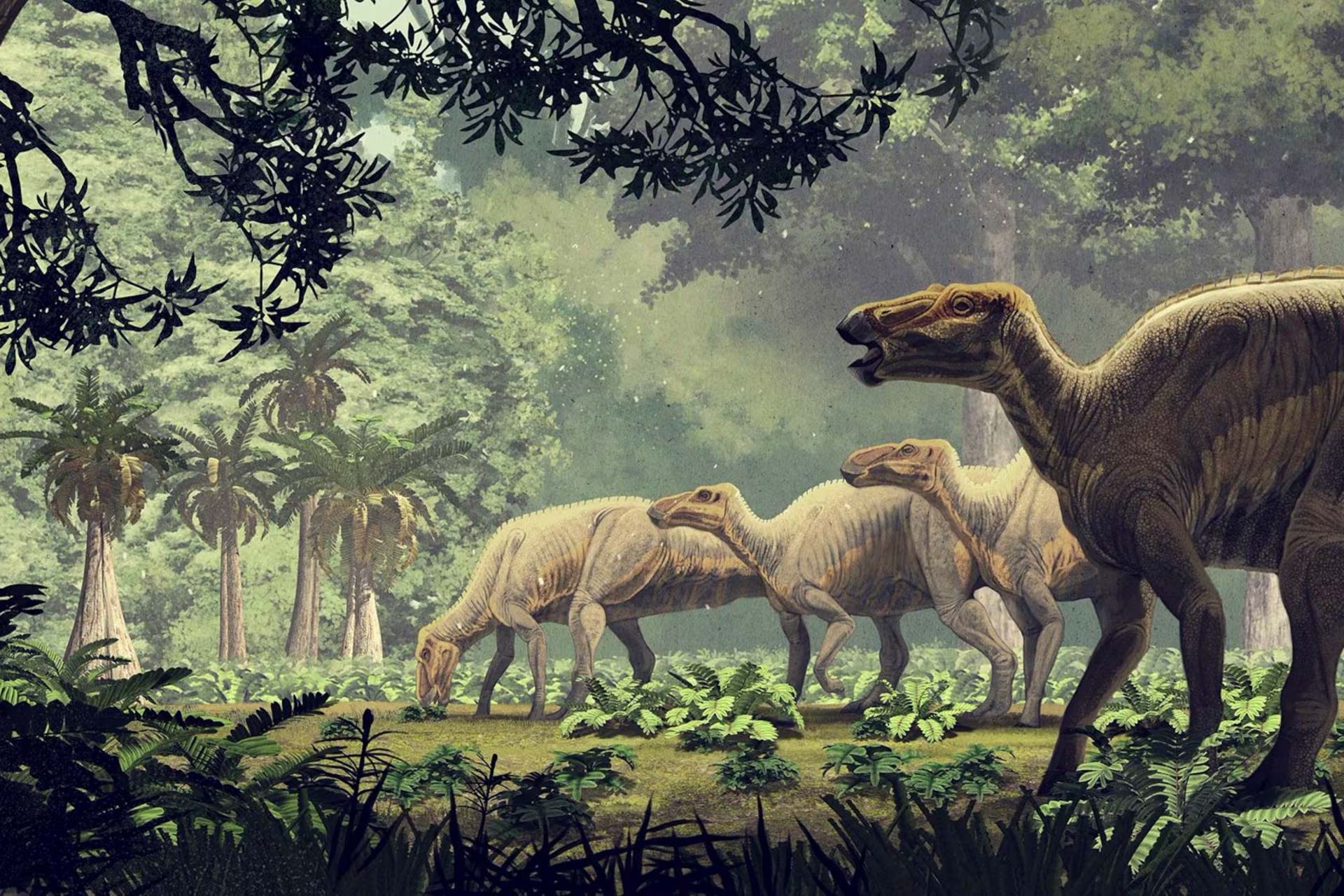 تصویرسازی از دایناسور ادمونتوساروس آنکتنس در چشم‌انداز سرسبز