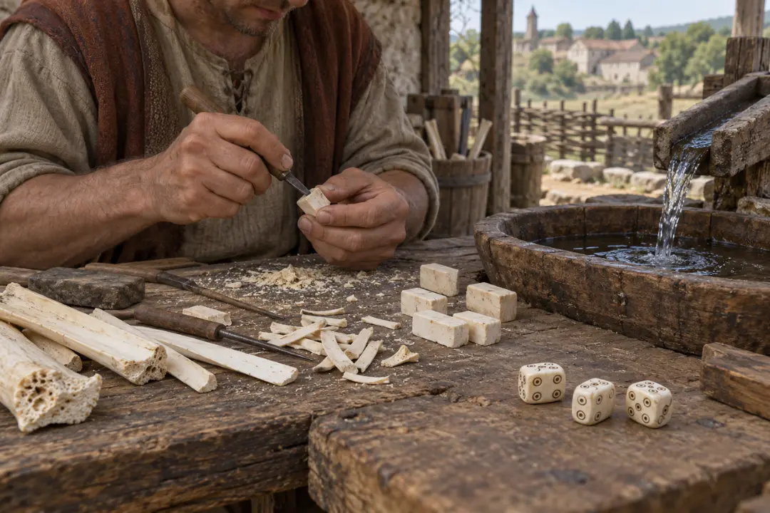 تاس‌های استخوانی (Bone Dice) در حال تراشیدن توسط یک صنعتگر در فضای باز