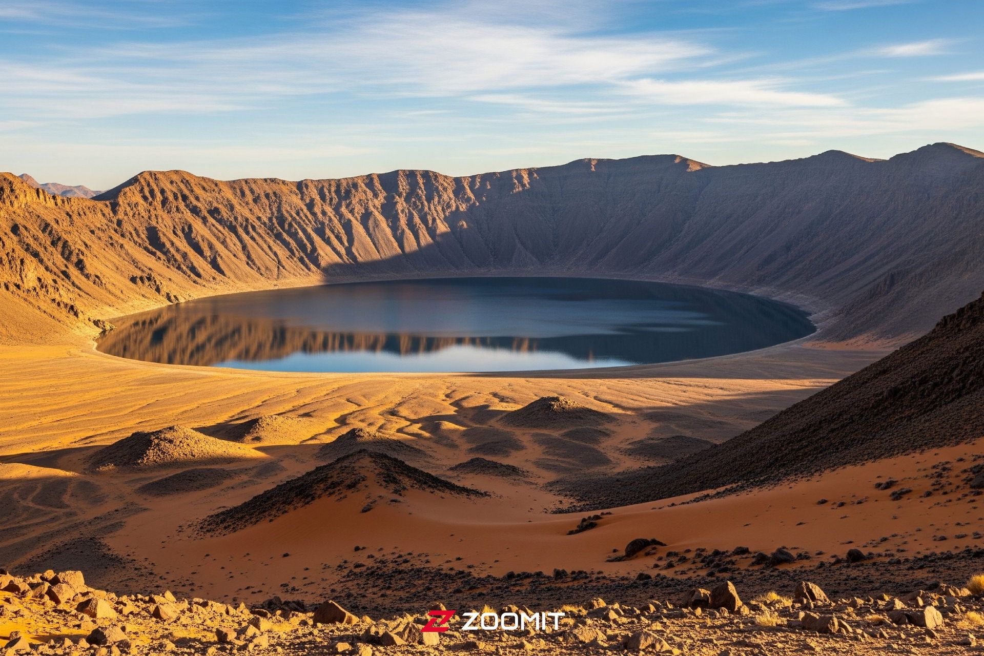 تصویرسازی منظره طبیعی و فراواقع‌گرایانه بیابانی وسیع در صحرای بزرگ آفریقا با نور گرم و طلایی خورشید و یک دریاچه باستانی عظیم دهانه آتشفشان که پر از آب است و توسط کوه‌های شیب‌دار احاطه شده است.