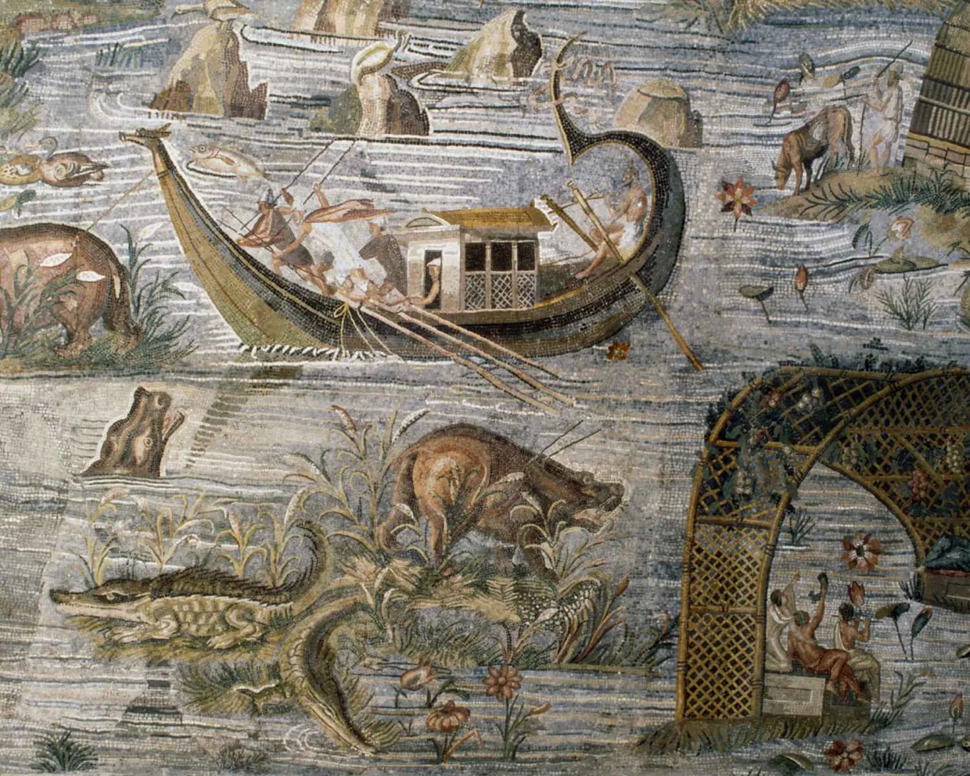 جزئیات موزاییک نیل پالسترینا قایق‌هایی بسیار کوچک‌تر از قایق کشف‌شده در سواحل اسکندریه را نشان می‌دهد.