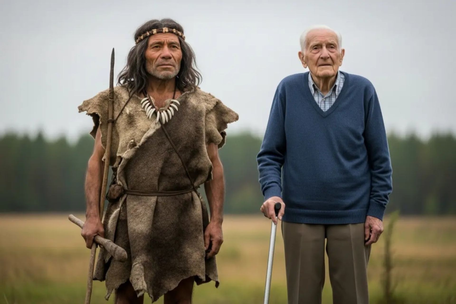 شکارچی-گردآورنده باستانی از دوران پارینه سنگی در کنار یک فرد صد ساله امروزی ایستاده است.