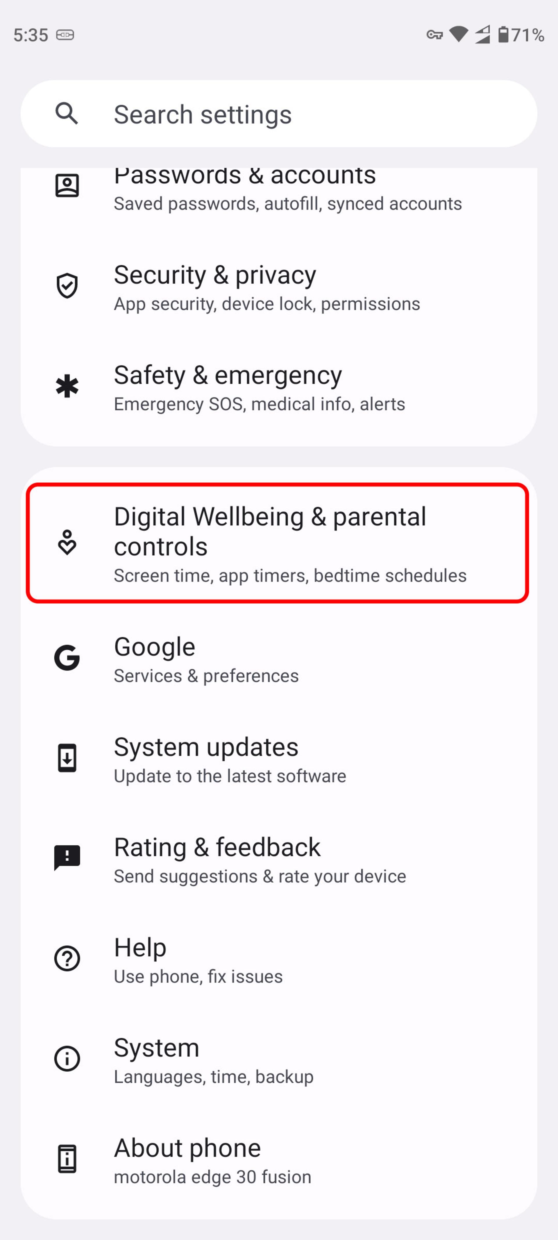 انتخاب Digital Wellbeing & Parental controls در منوی تنظیمات