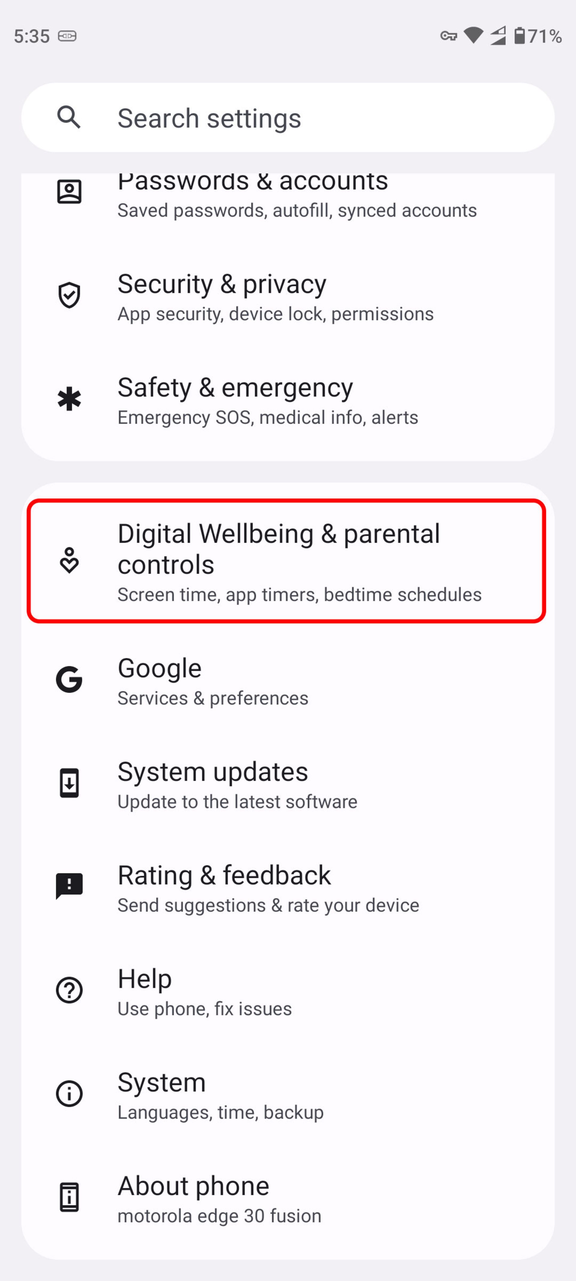 انتخاب Digital Wellbeing & Parental controls در منوی تنظیمات