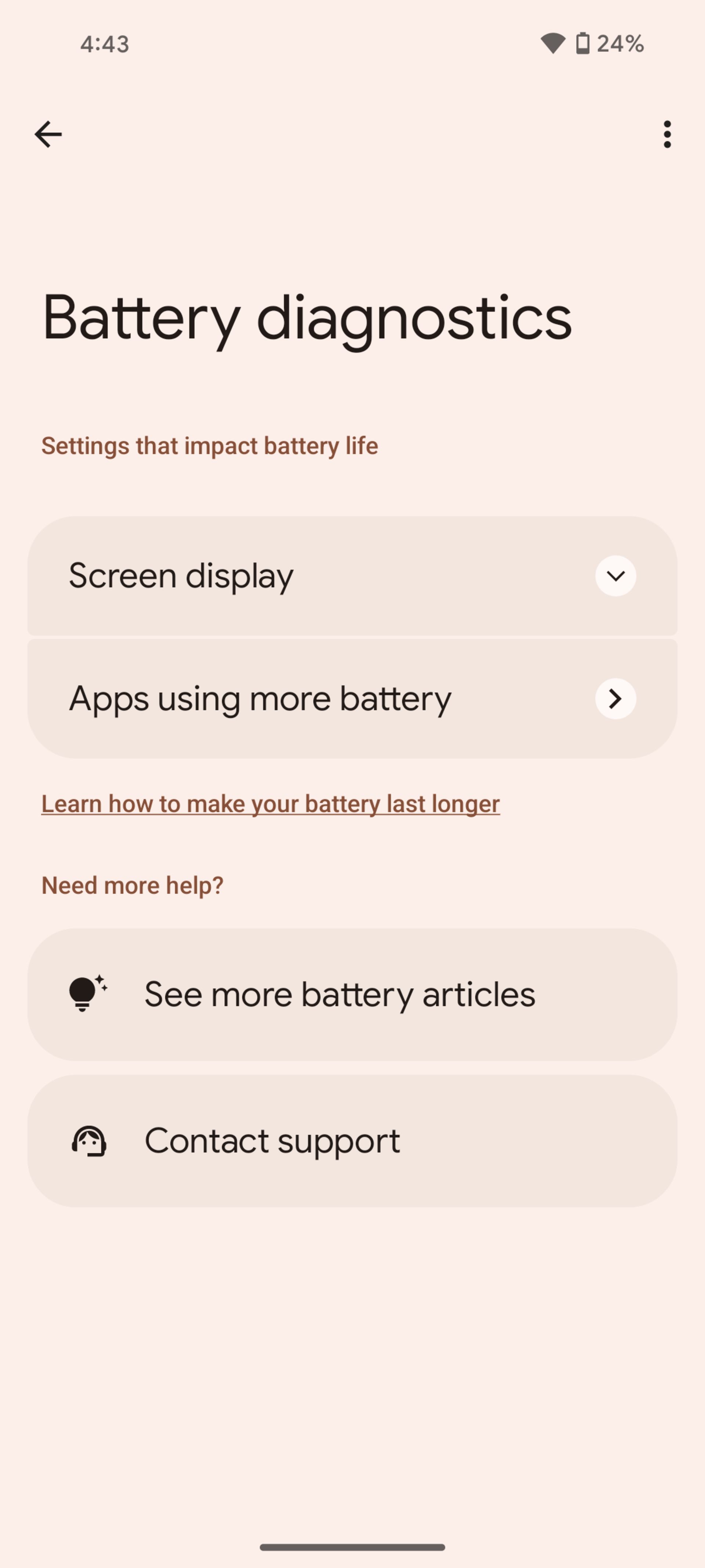 اسکرین‌شات از صفحه‌ی Battery Diagnostics در اندروید ۱۵ و نمایش گزینه‌ها
