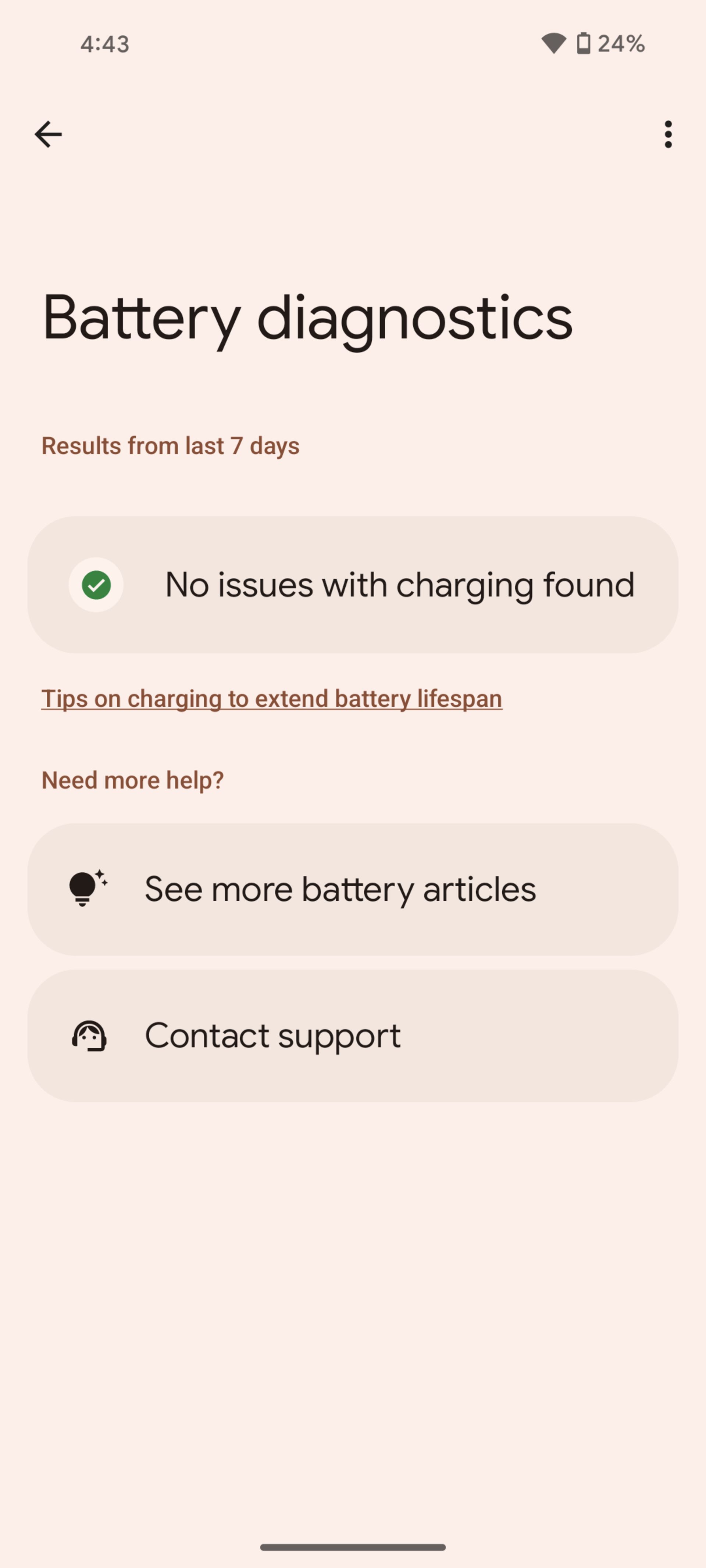 اسکرین‌شات از صفحه‌ی Battery Diagnostics در اندروید ۱۵ و نمایش پیغام سلامت باتری