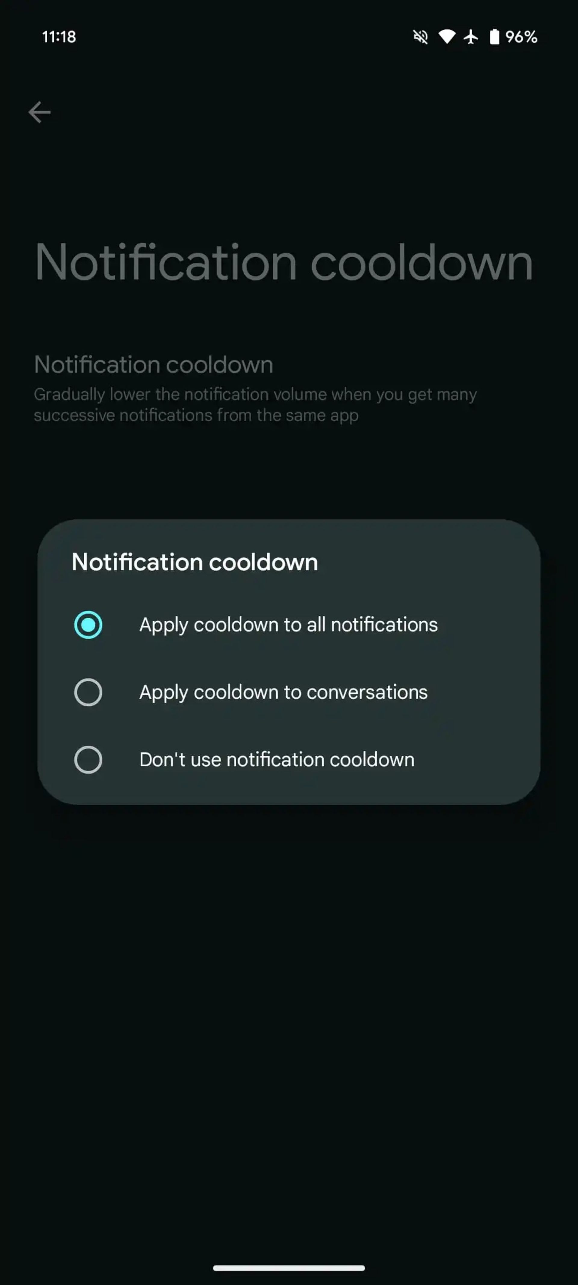 تنظیمات قابلیت Notification Cooldown در پیش‌نمایش اندروید ۱۵