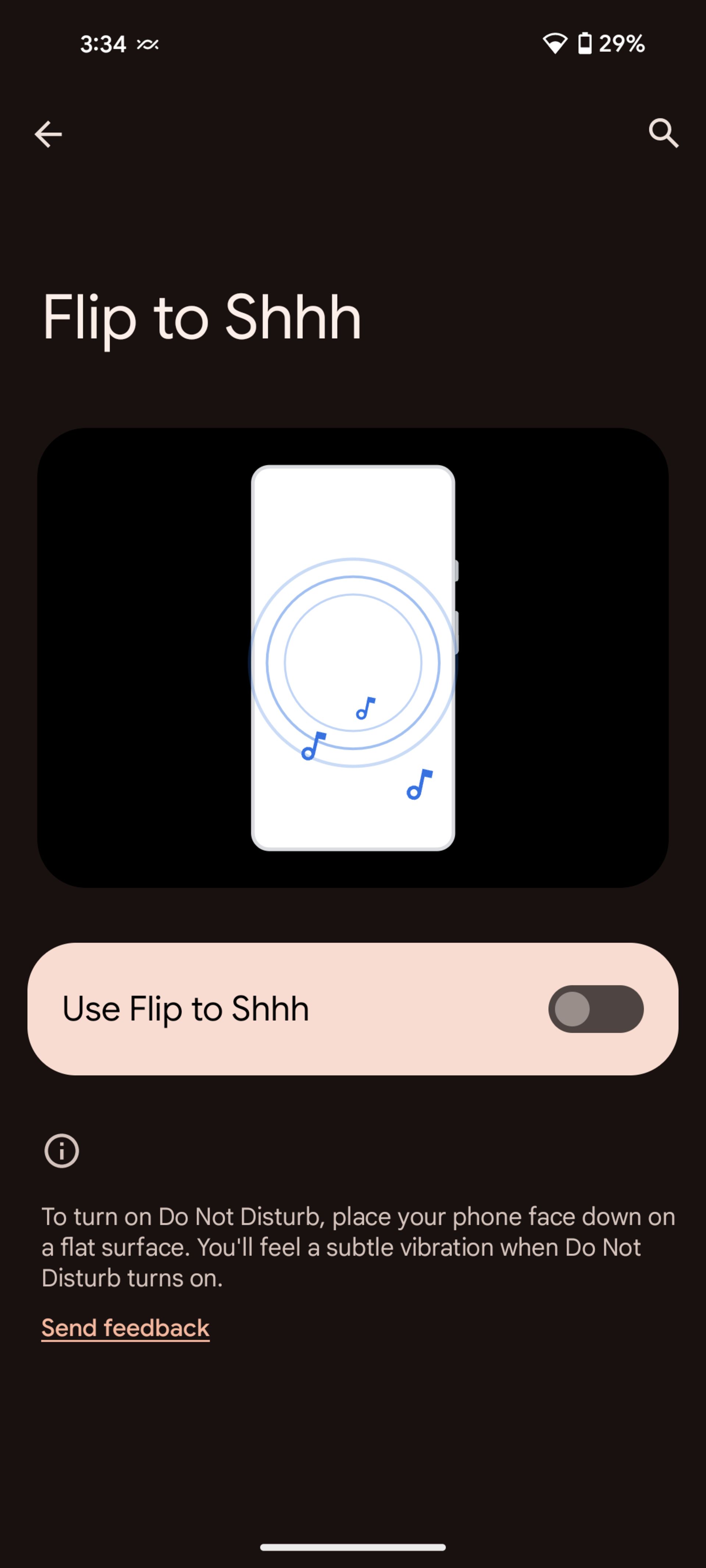 اسکرین‌شات از قابلیت Flip to Shh در تنظیمات اندروید ۱۵