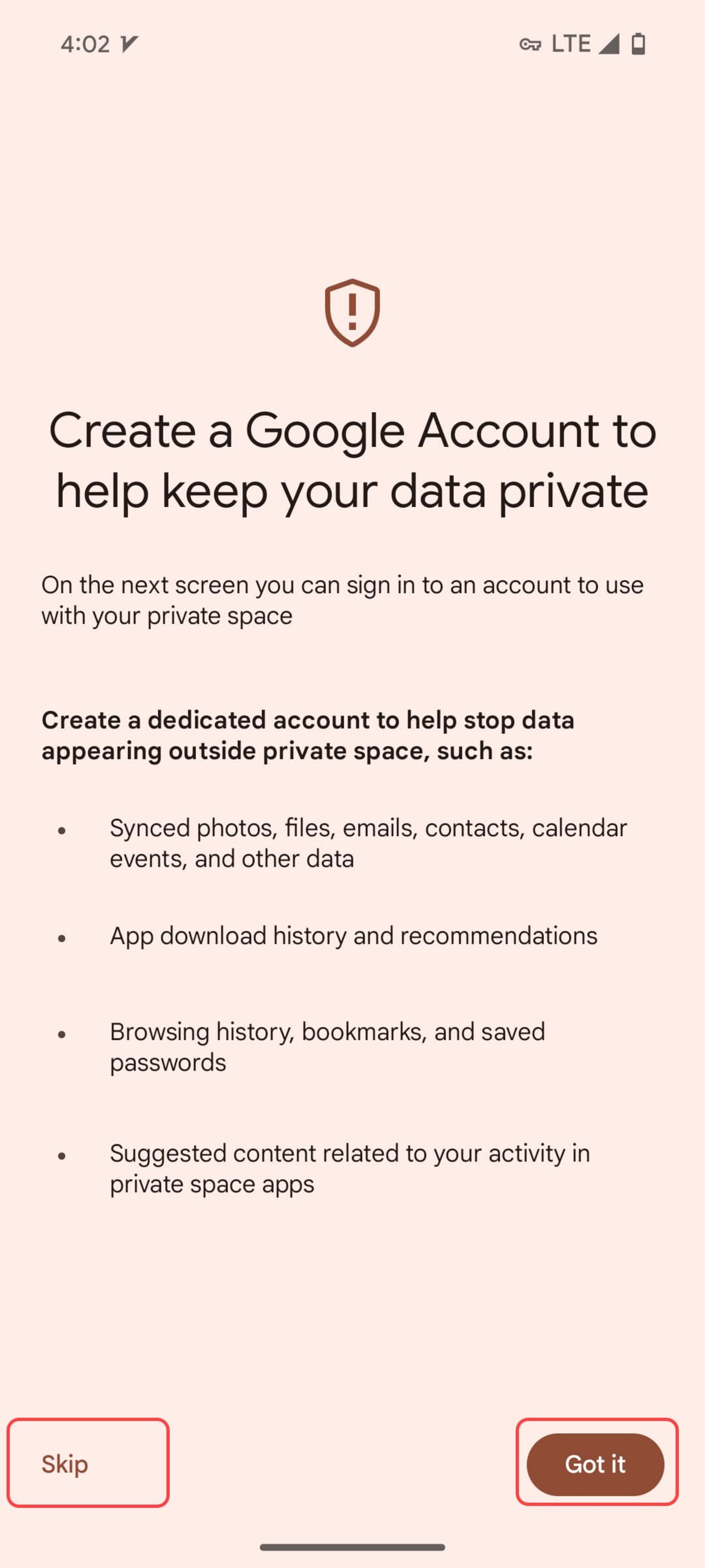 Google account for Private Space on Android 15