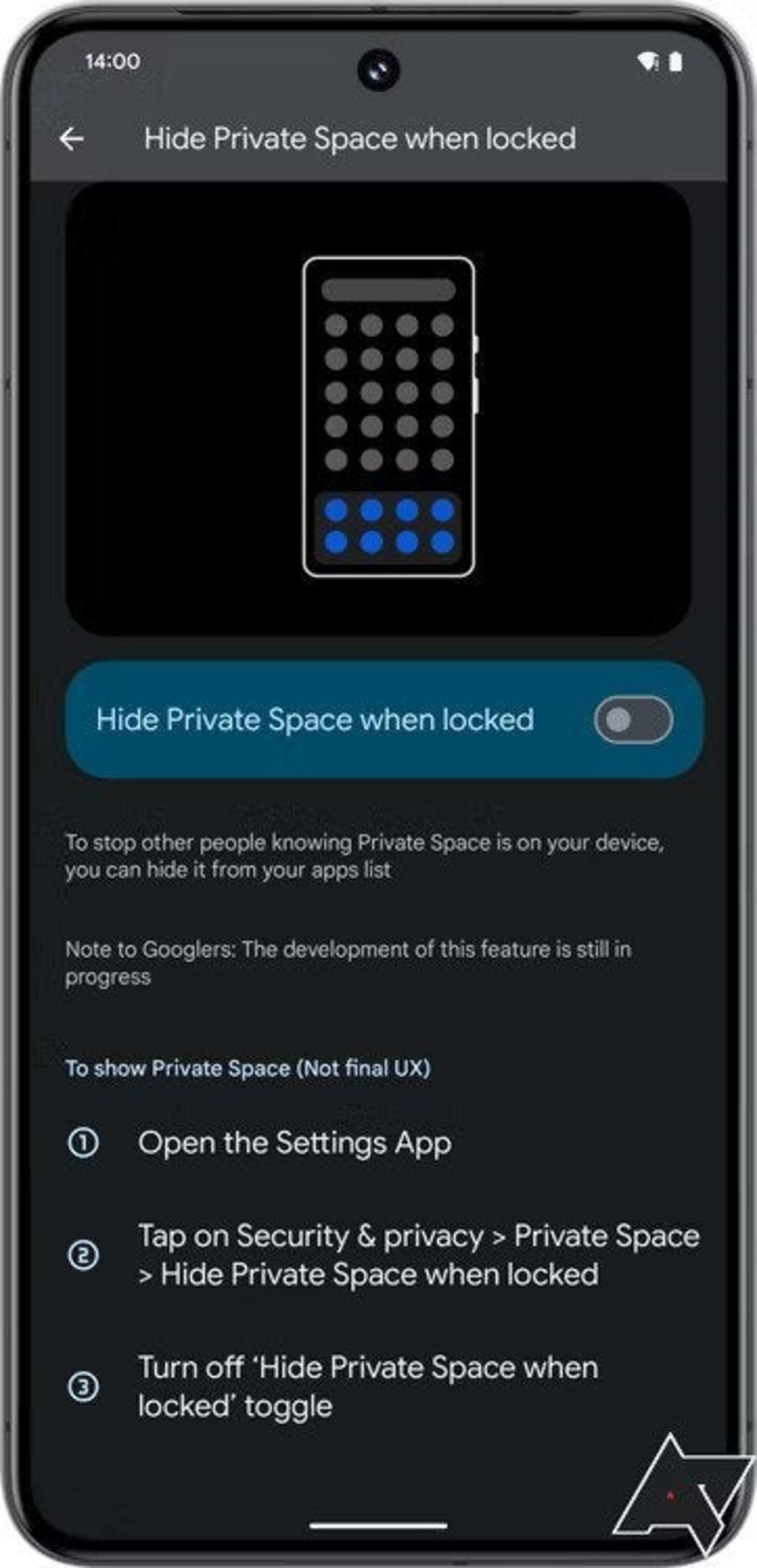 اسکرین شات از قابلیت جدید گوشی پیکسل به نام فضای خصوصی در بتای  اندروید ۱۴ 