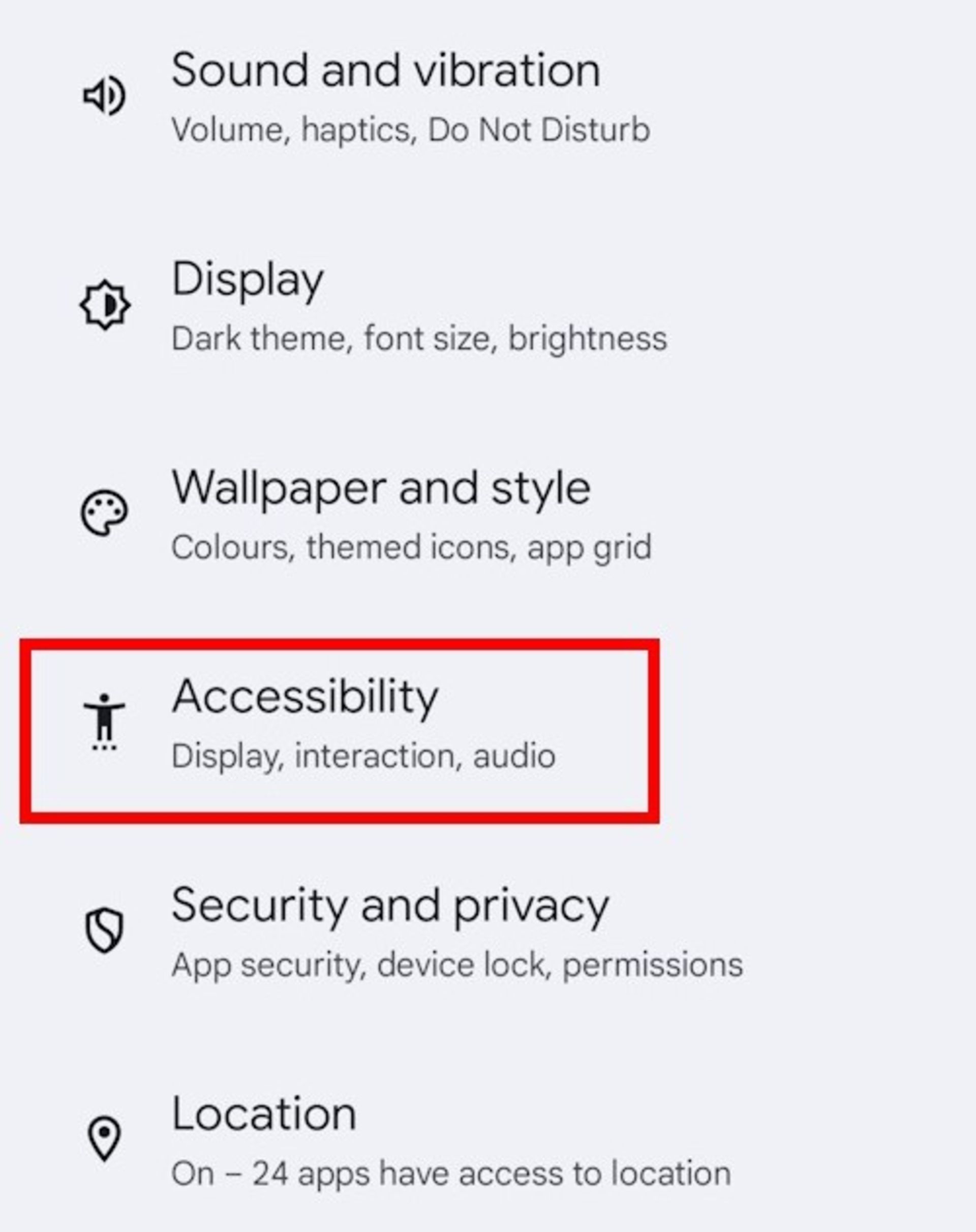 گزینه accessibility در تنظیمات اندروید
