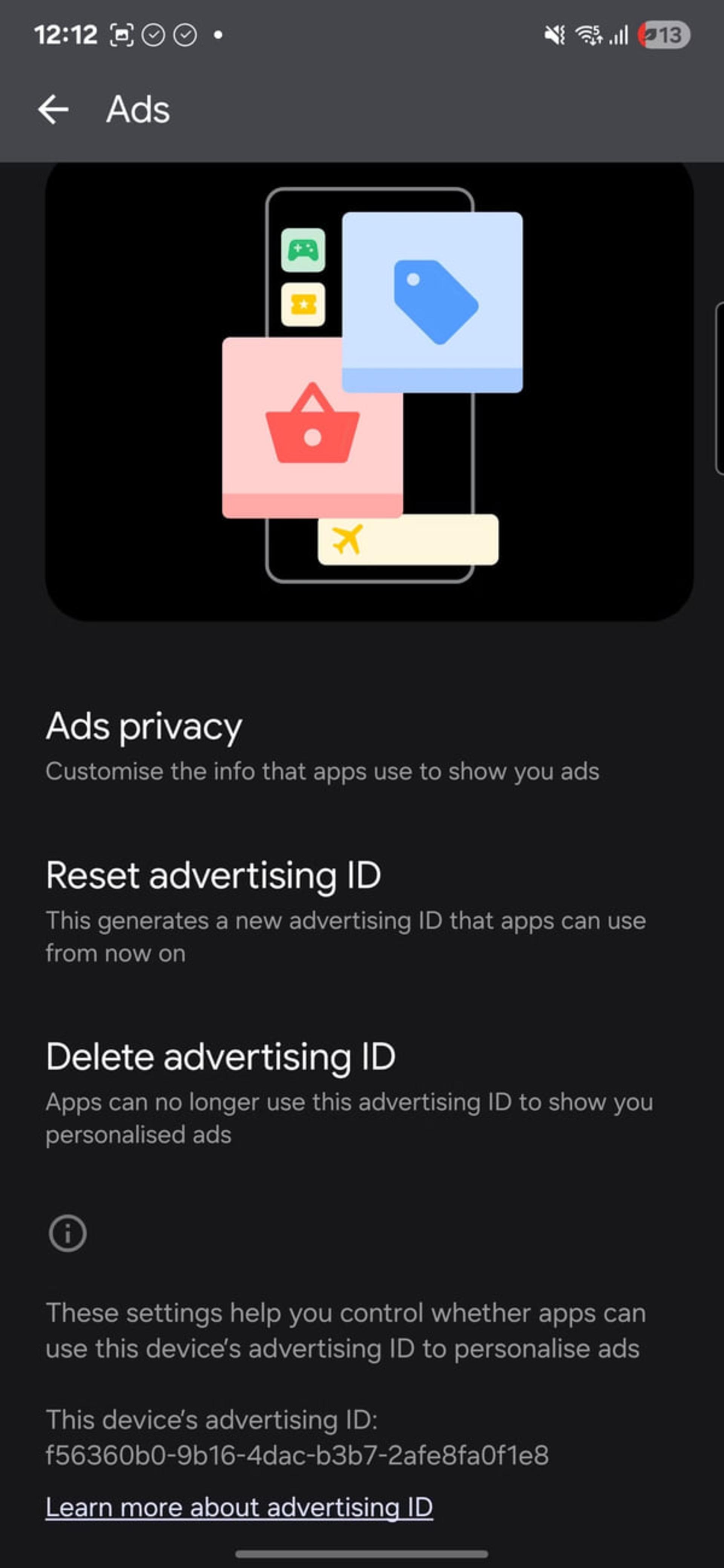 منوی تنظیمات حریم خصوصی تبلیغات (Ads privacy) در گوشی اندرویدی