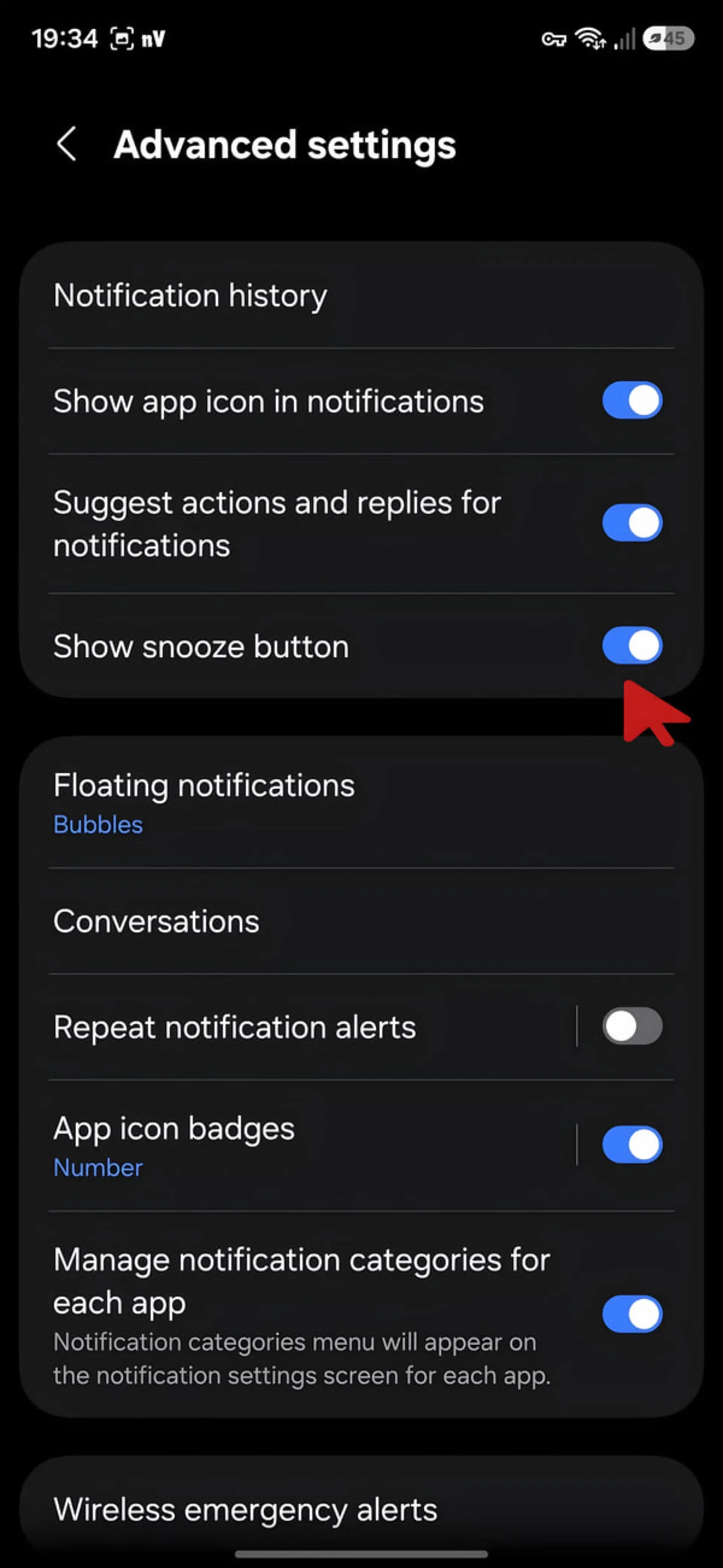 منوی تنظیمات پیشرفته (Advanced settings) در سیستم‌عامل اندروید برای مدیریت اعلان‌ها