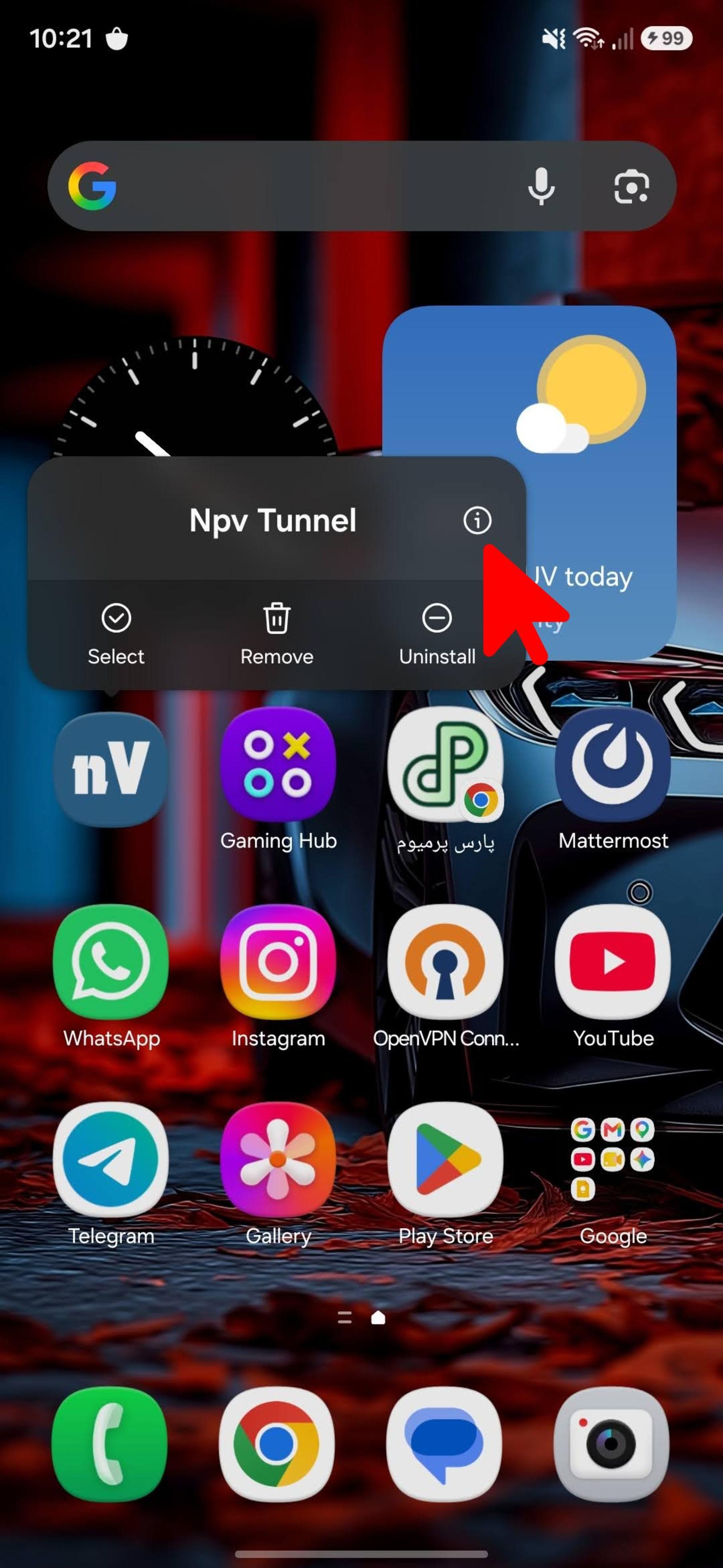 انتخاب گزینه app info در اندروید