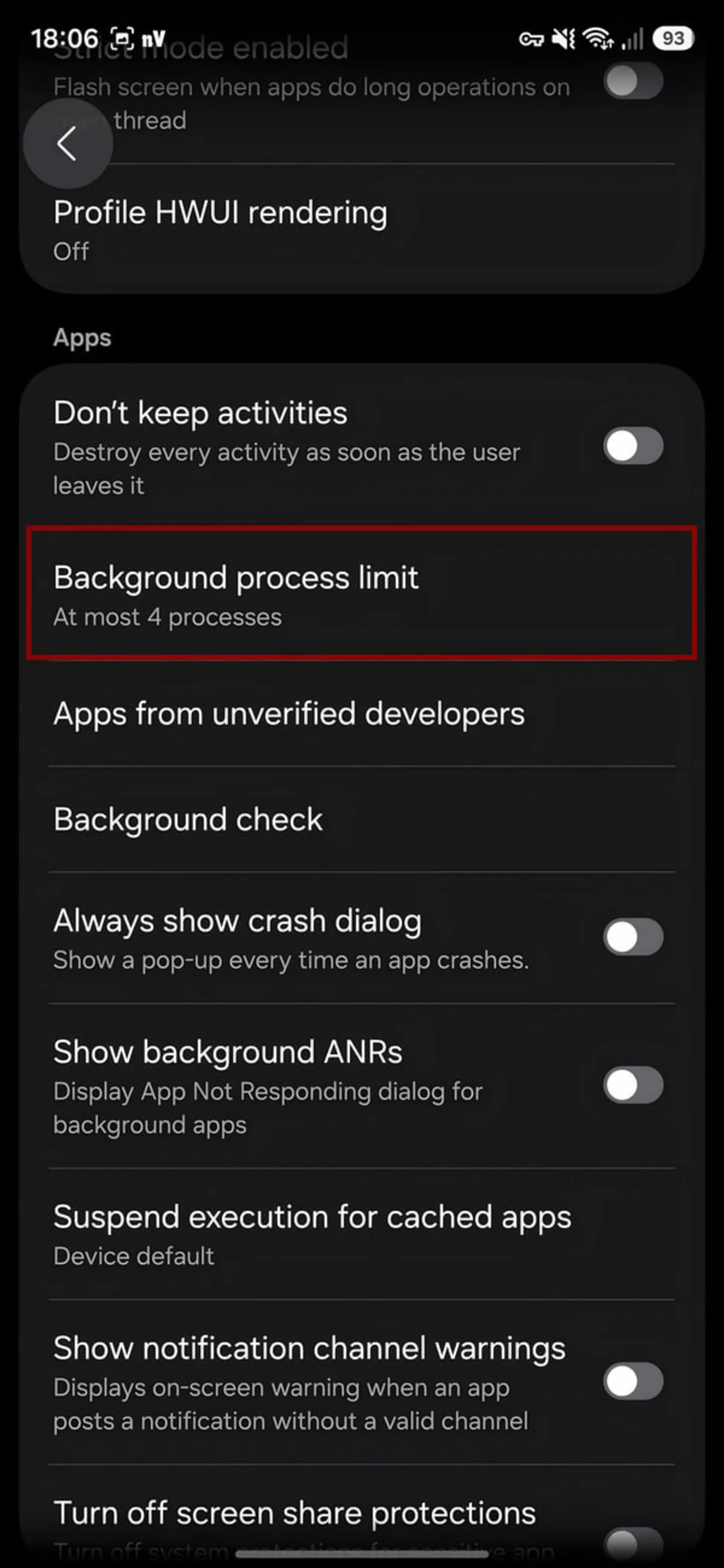 تنظیمات Background process limit در منوی Developer Options گوشی اندرویدی