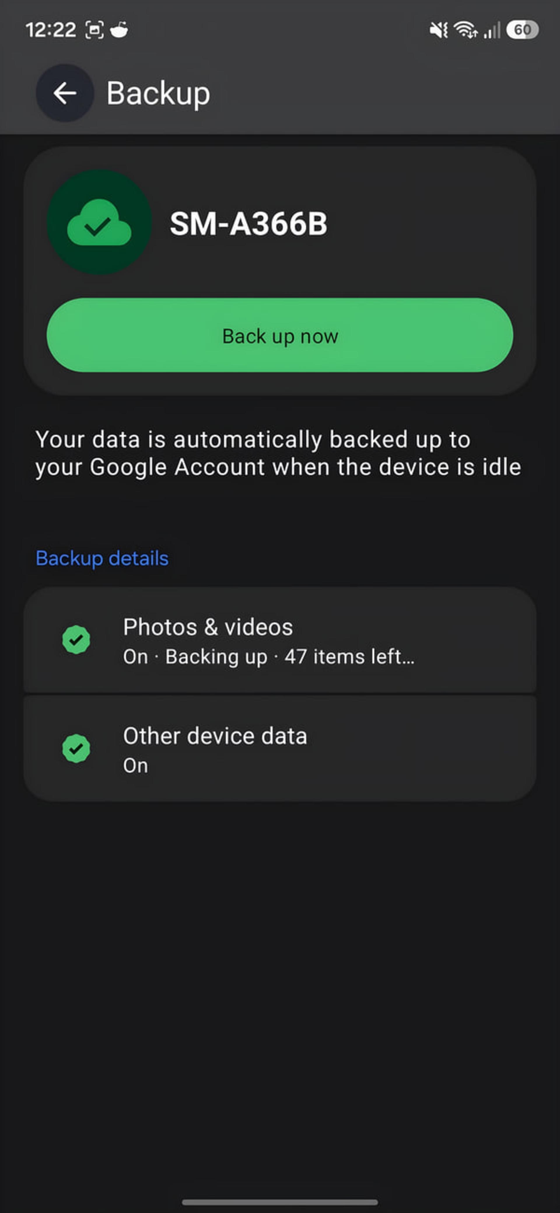 منوی تنظیمات پشتیبانگیری (Backup) در گوشی سامسونگ SM-A366B